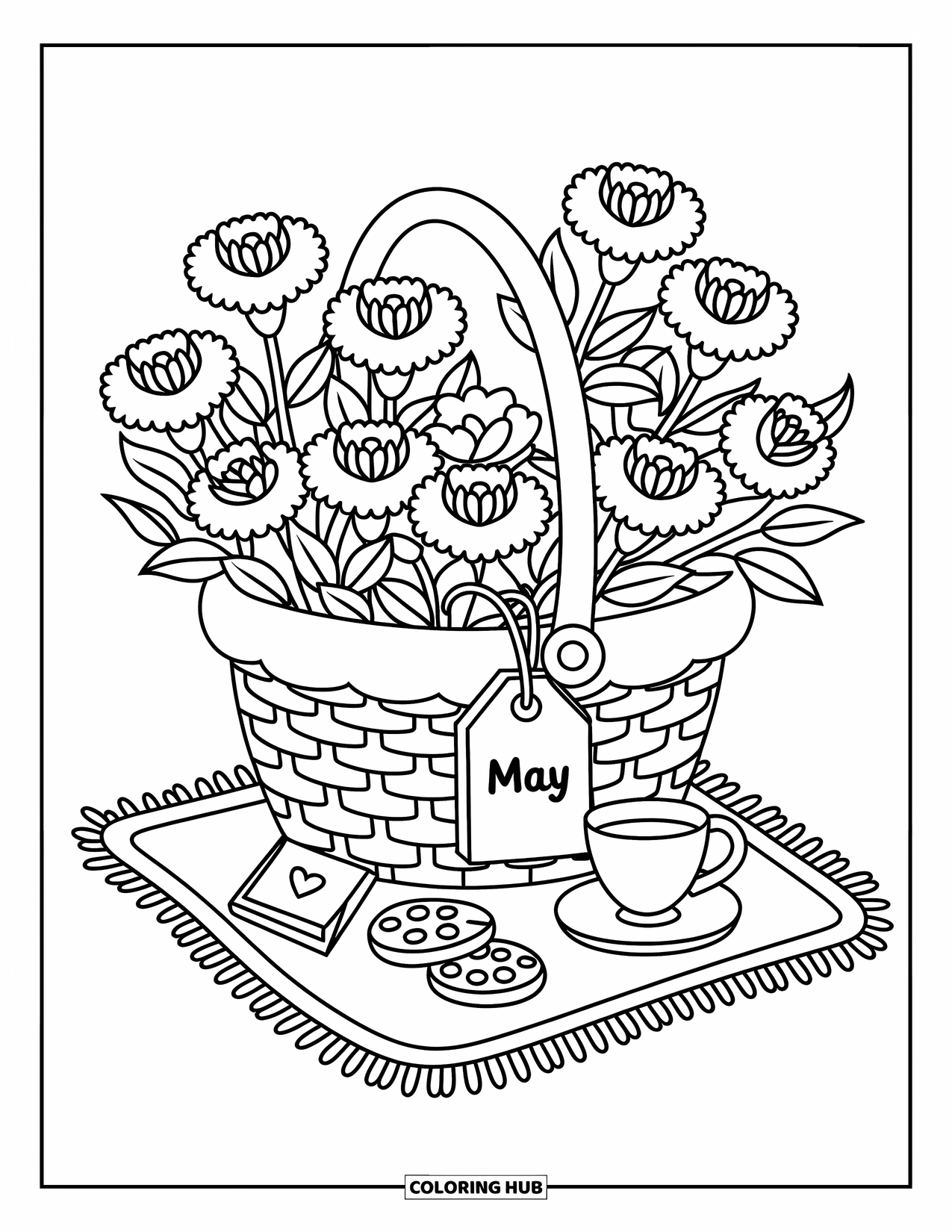 May Coloring Page for Adults: Picnic basket with flowers, cookies, tea, and a small note labeled "May"