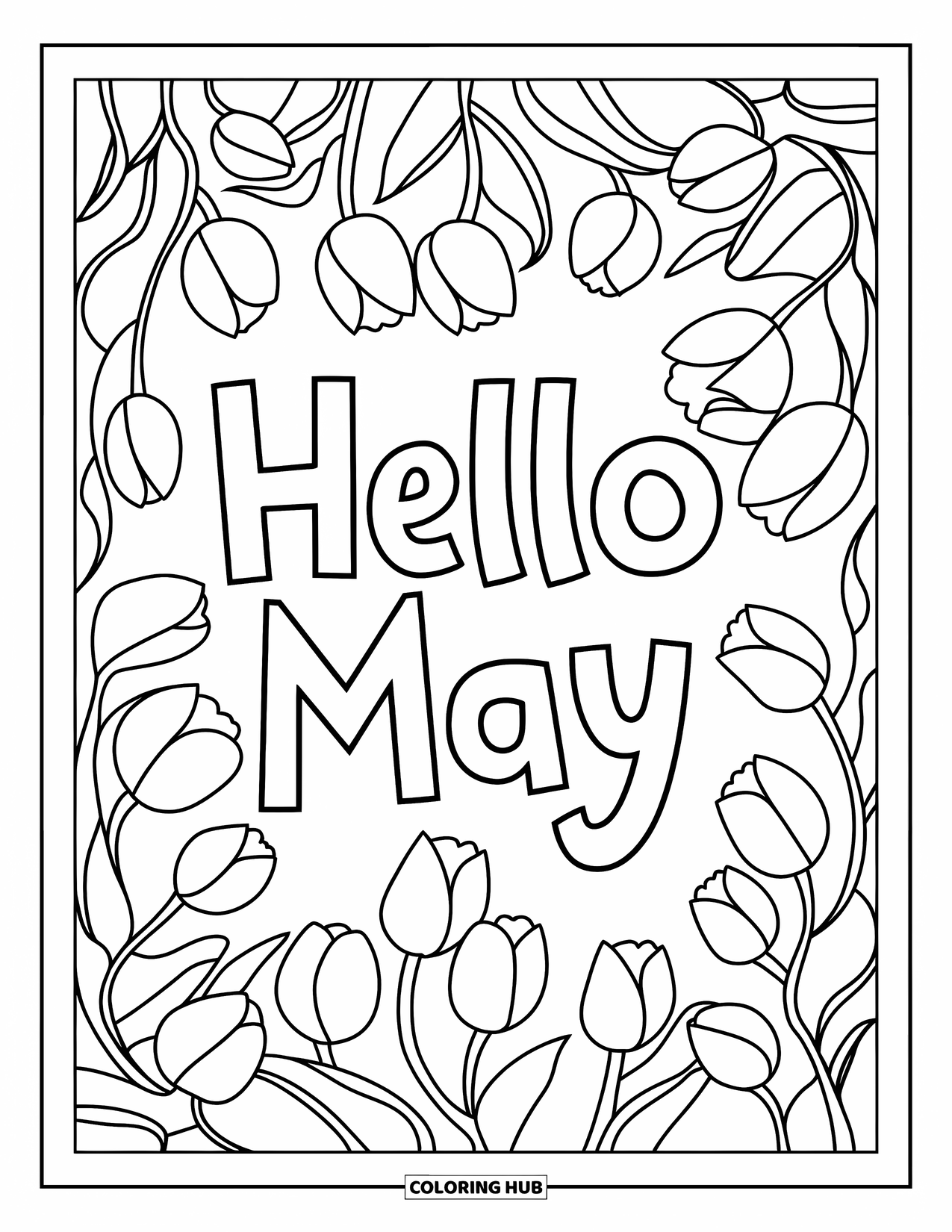 May Coloring Page for Adults: Playful "Hello May" surrounded by tulips and vines in a stained glass pattern