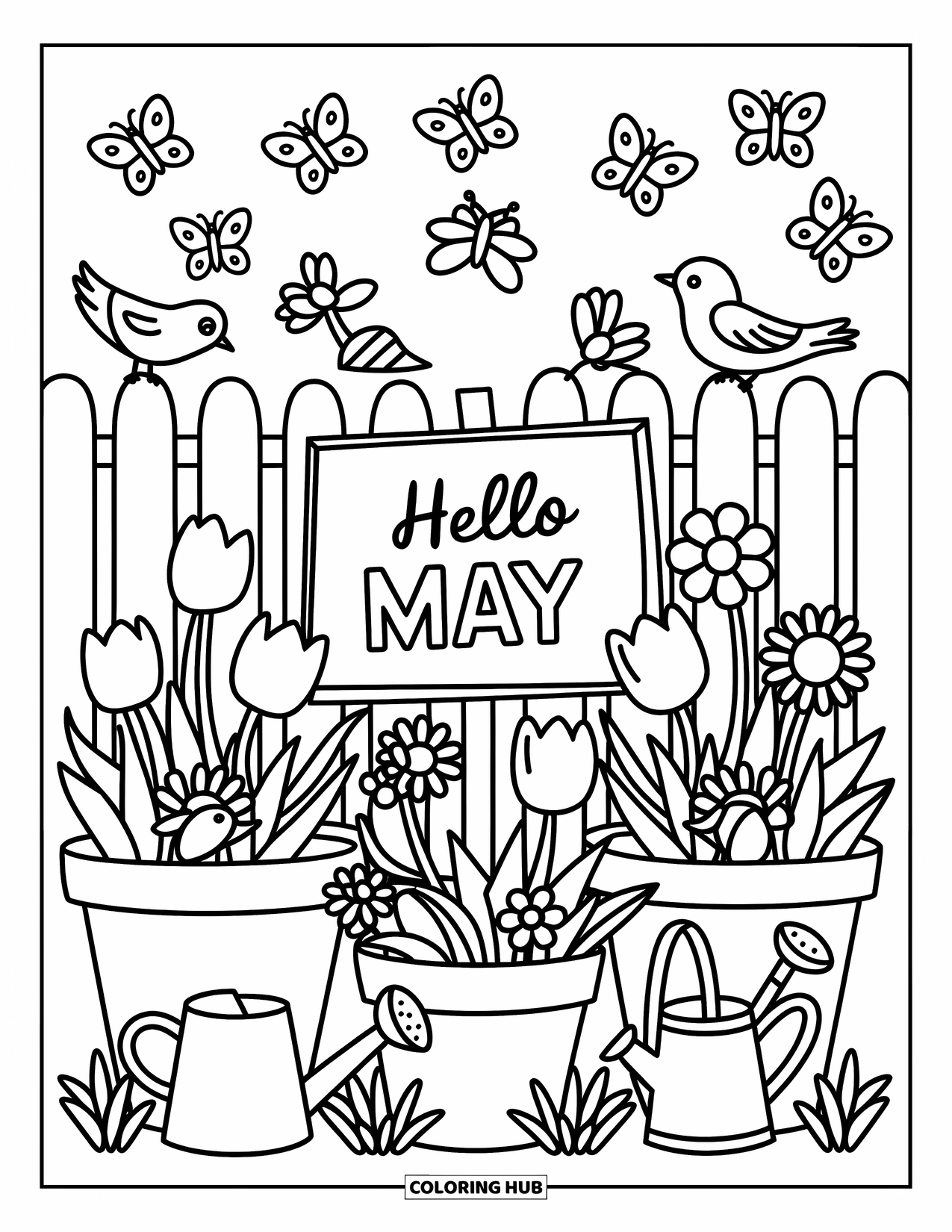 May Coloring Page for Adults: Tulips and daisies bloom near a sign that reads "Hello May" with bees and birds