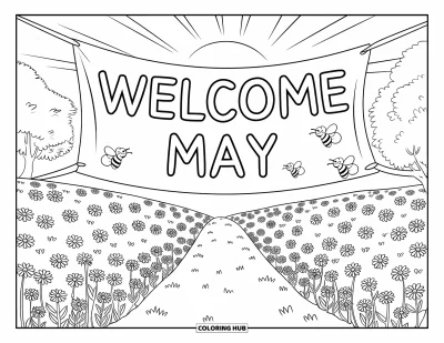 Ζωγραφιά Μαΐου για μεγάλους: Πανό "Welcome May" πάνω από ανθισμένο λιβάδι με μέλισσες, δέντρα και λιακάδα