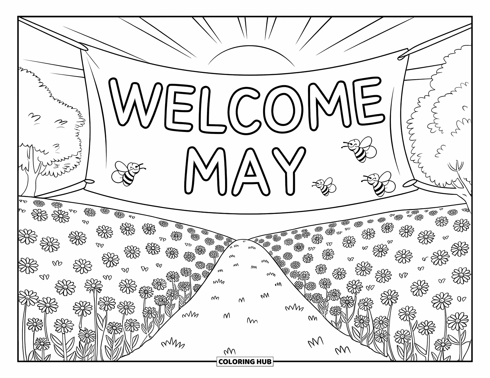 May Coloring Page for Adults: "Welcome May" banner above a blooming field with bees, trees, and sunny skies