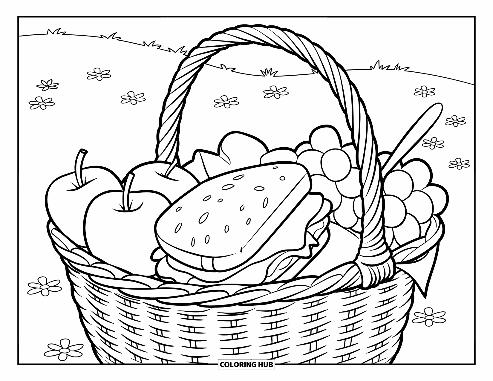 May Coloring Page for Kids: A basket with fruit and sandwiches sits in a sunny field