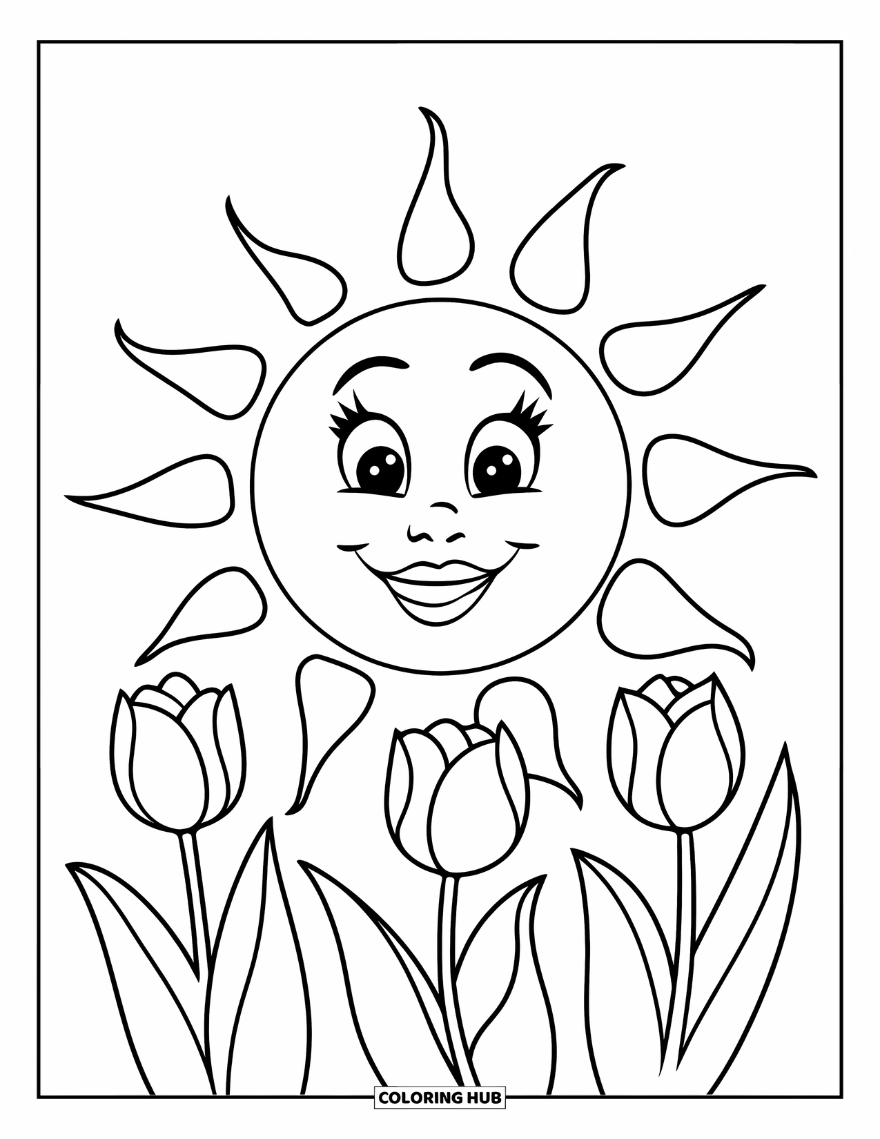 May Coloring Page for Kids: A big cheerful sun with long rays shines down on tulips