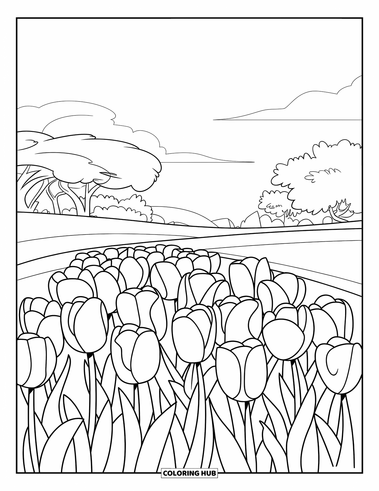 May Coloring Page for Kids: A bold tulip field stands under a peaceful spring sky with trees behind