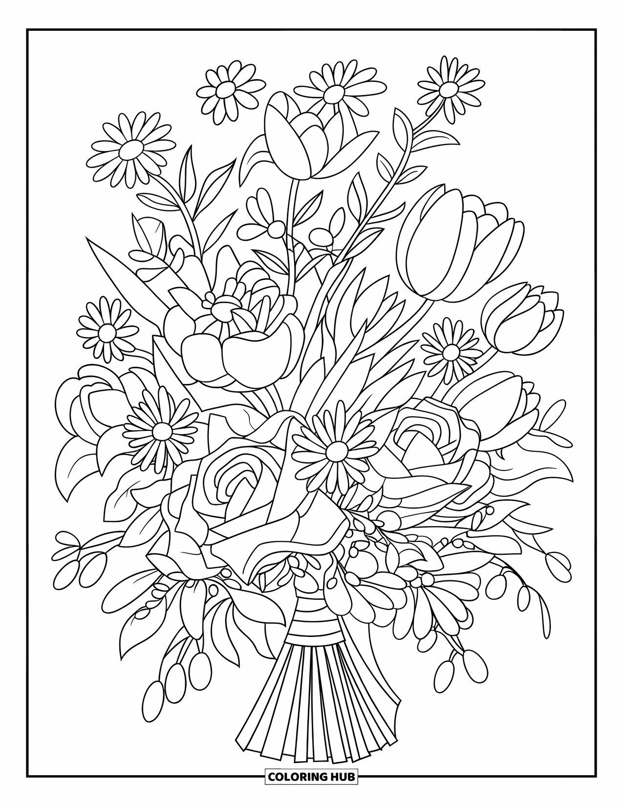May Coloring Page for Kids: A bouquet of May flowers, wrapped with a ribbon, sits on display