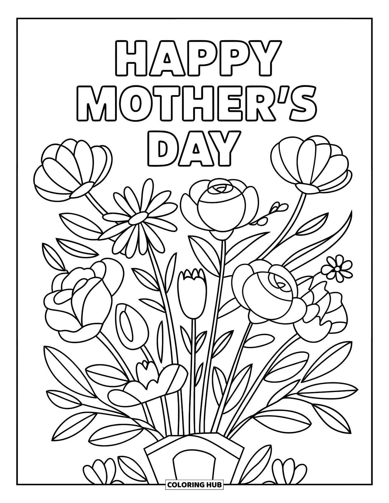 May Coloring Page for Kids: A bouquet of tulips and daisies fills a vase on a Mother's Day card