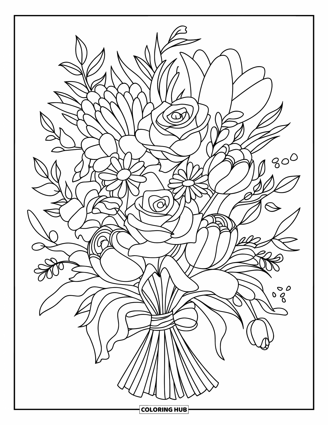 May Coloring Page for Kids: A bouquet with lilies, tulips, and roses is wrapped with a simple ribbon