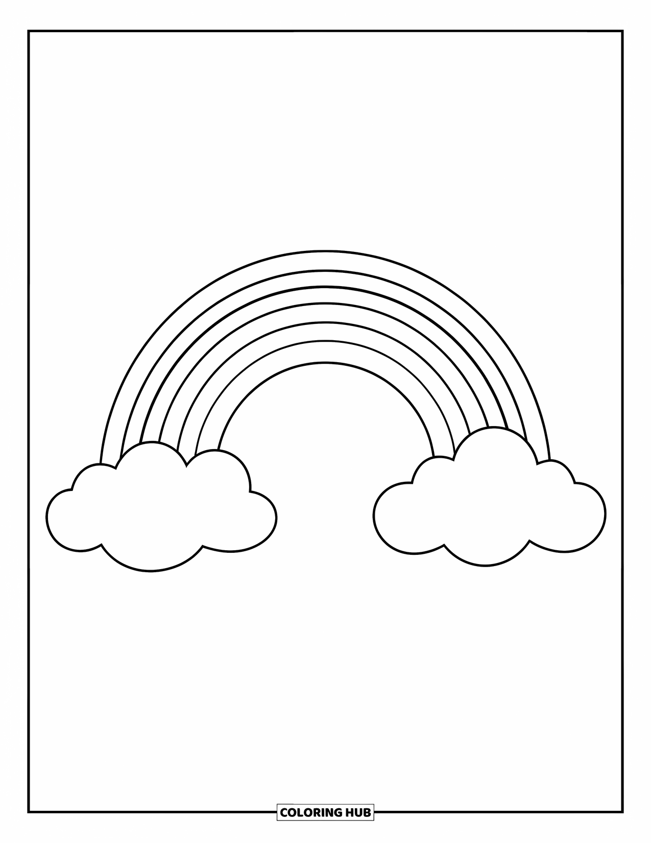 May Coloring Page for Kids: A bright rainbow stretches between two puffy clouds in the clear sky