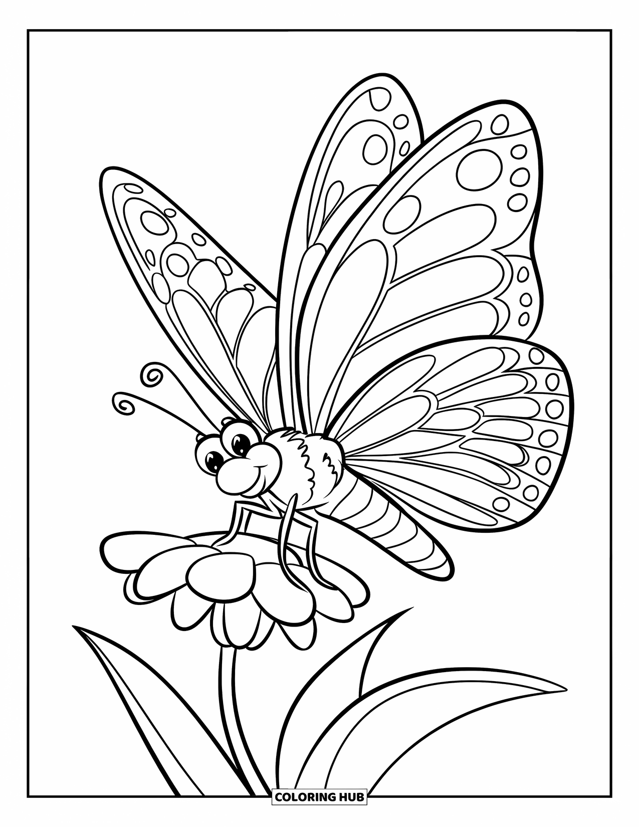 May Coloring Page for Kids: A cartoon butterfly with a big smile flies over a curled-petal flower