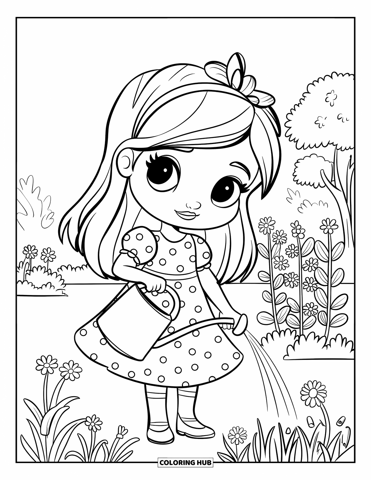 May Coloring Page for Kids: A cheerful chibi girl waters flowers in a sunny spring garden