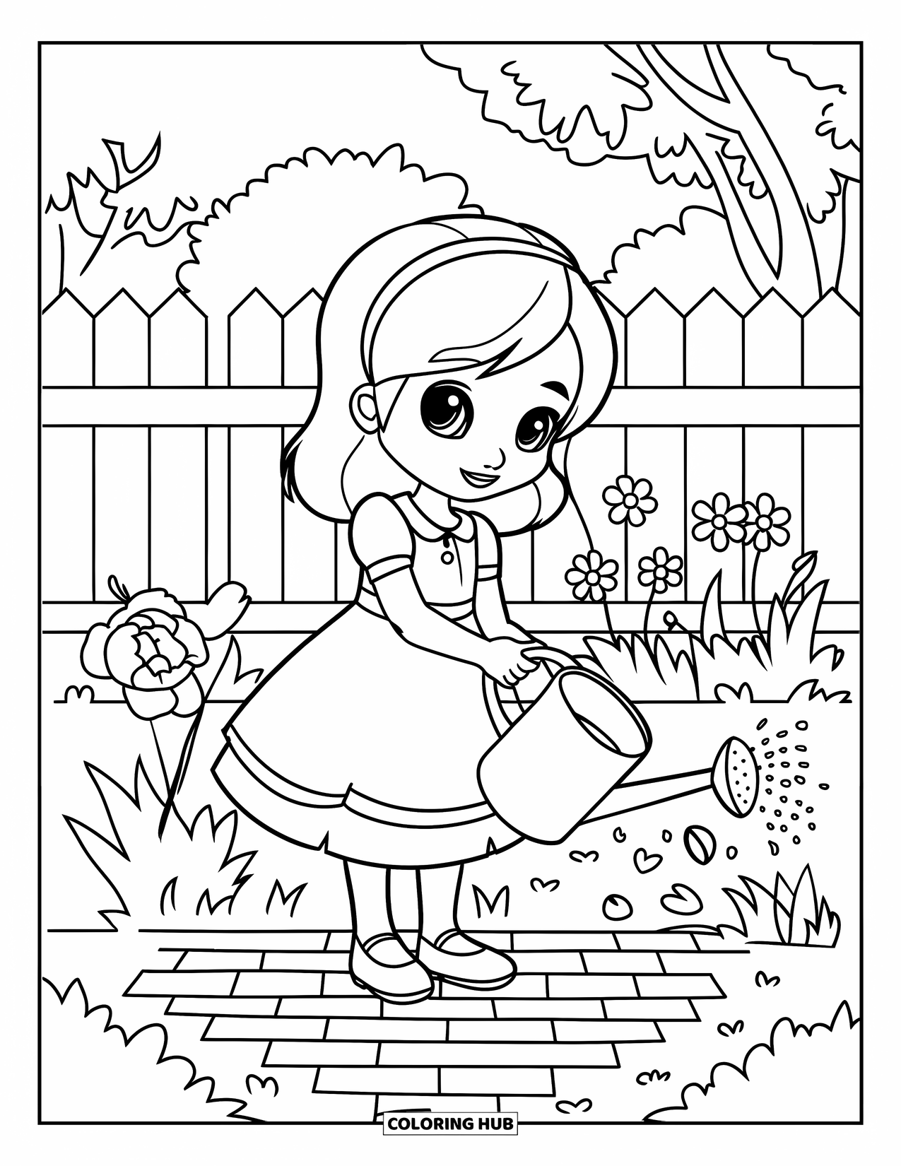 May Coloring Page for Kids: A cute chibi girl waters flowers while standing on a garden path