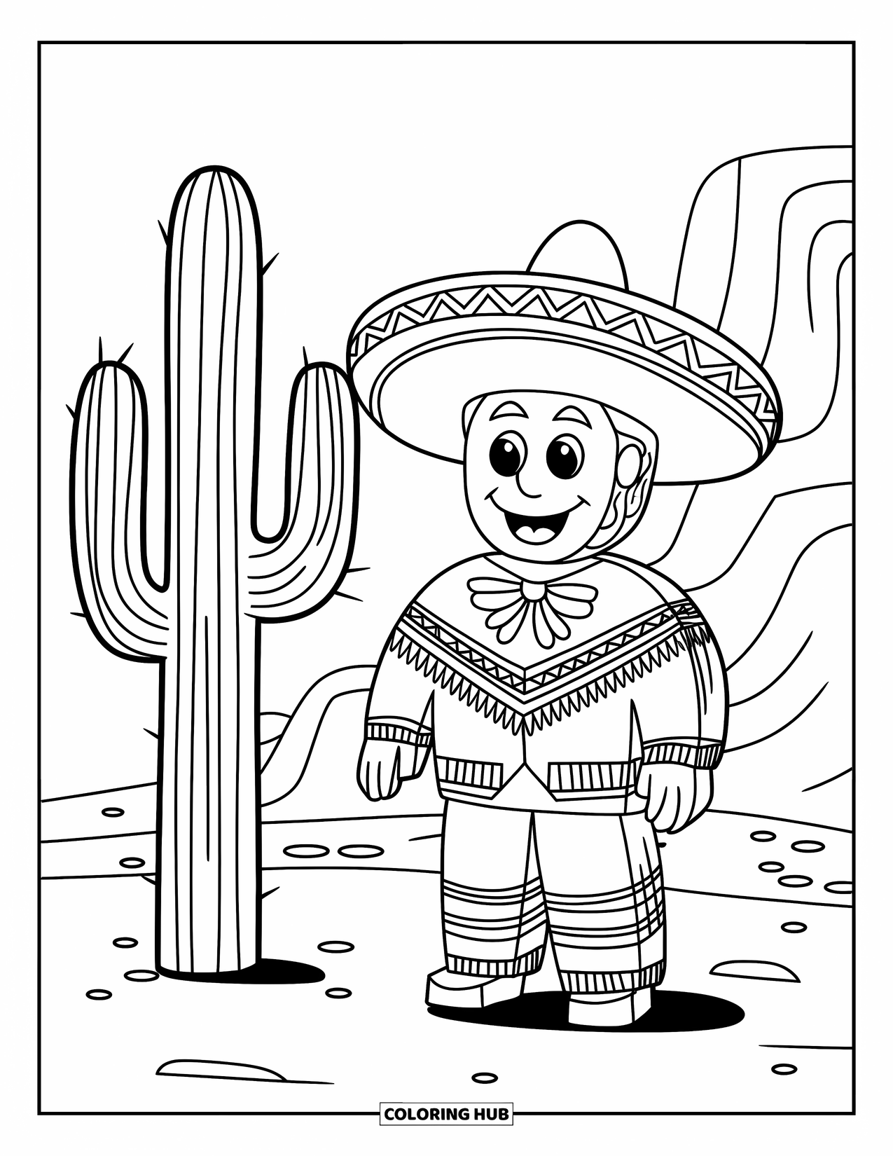 May Coloring Page for Kids: A festive piñata with a sombrero stands beside a cactus in the desert