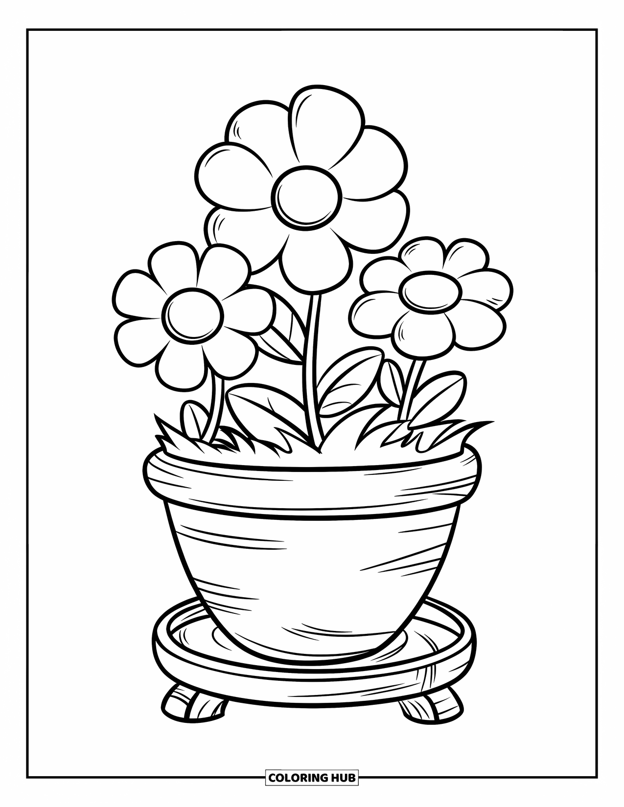 May Coloring Page for Kids: A flowerpot with three bold flowers rests on a wooden platform