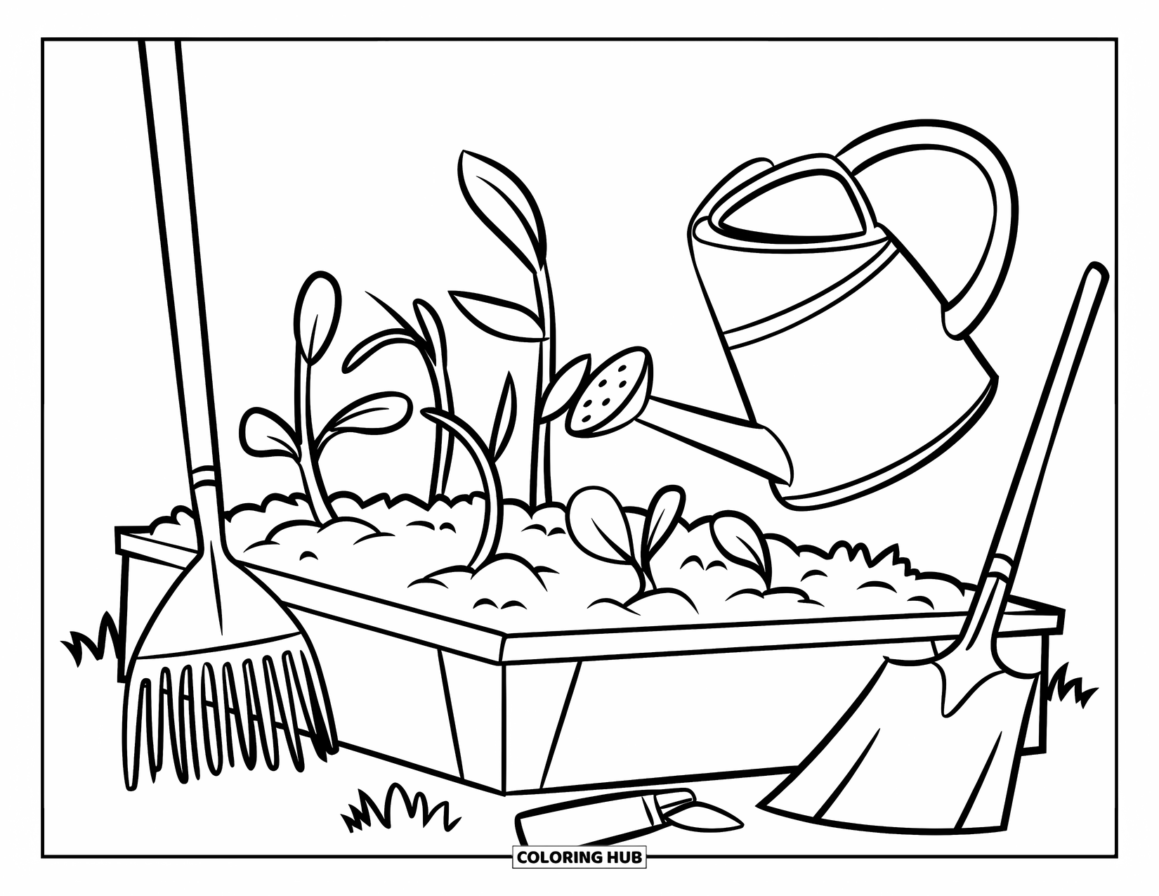 May Coloring Page for Kids: A garden bed with sprouts, tools, and a watering can sits ready for spring