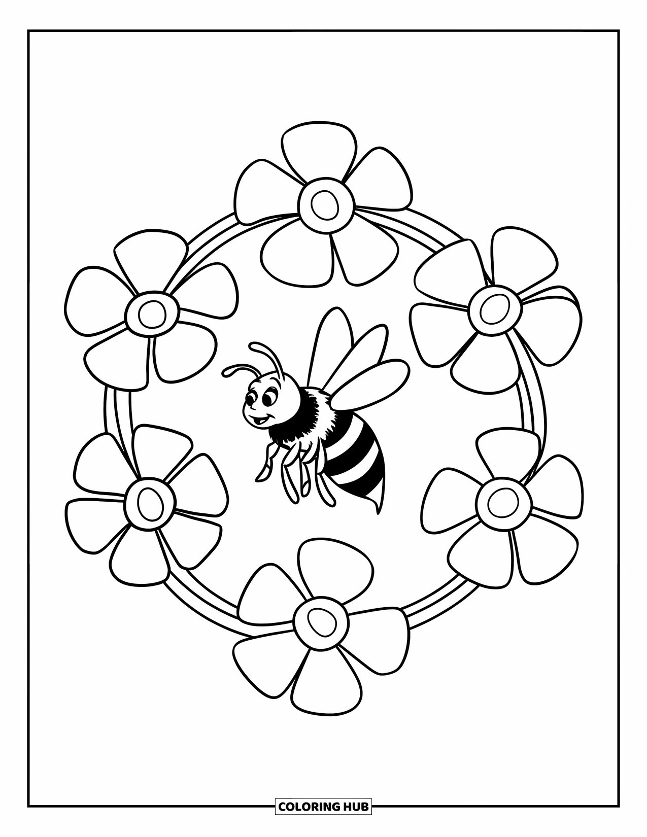 May Coloring Page for Kids: A happy bee flies among five bold, blooming flowers