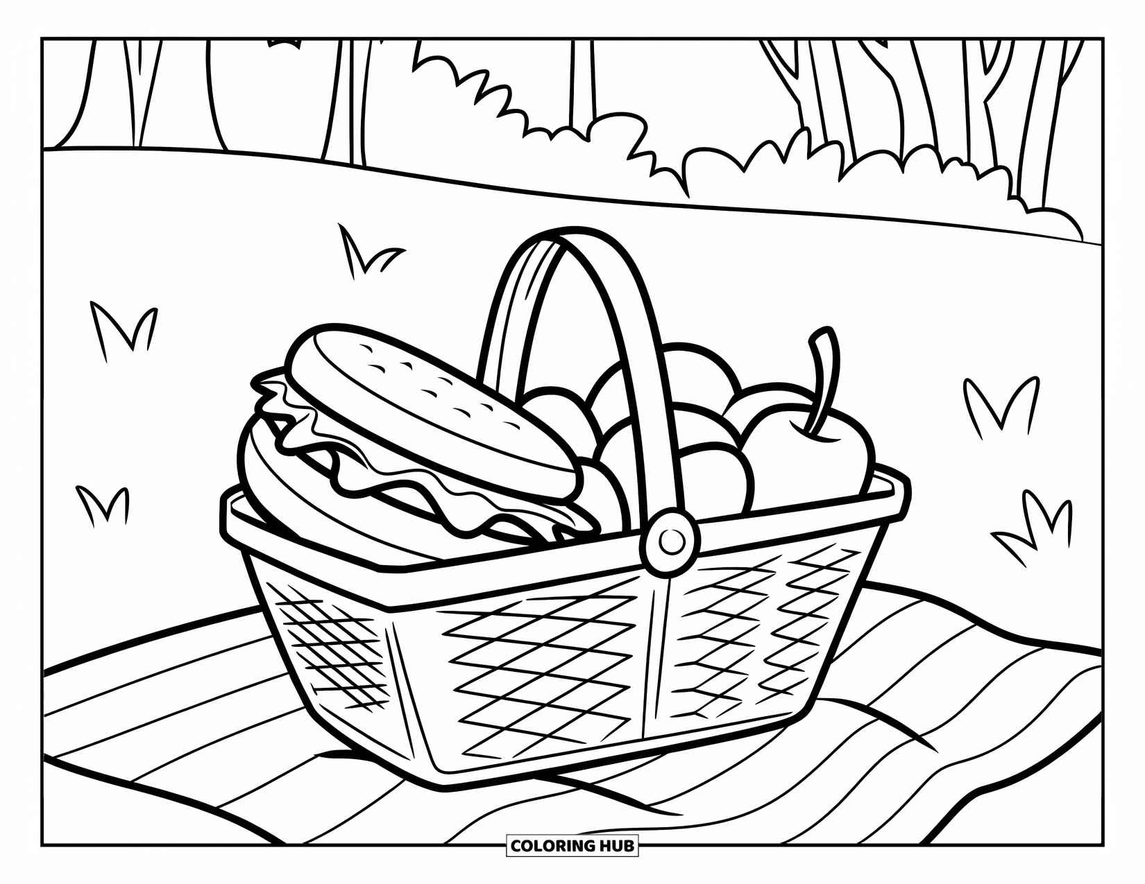 May Coloring Page for Kids: A picnic basket full of snacks sits under a tree on a soft blanket