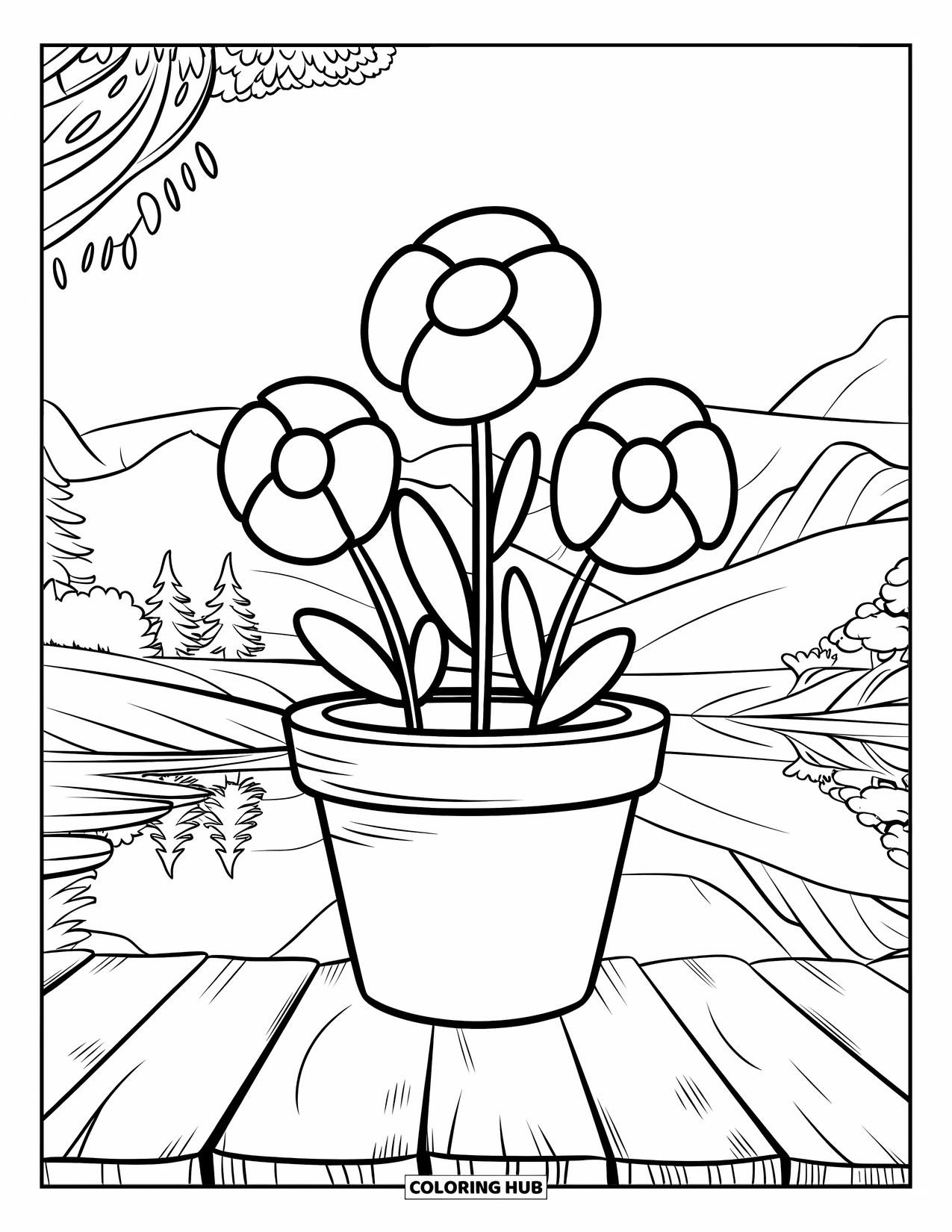 May Coloring Page for Kids: A pot with three flowers sits in a peaceful nature setting