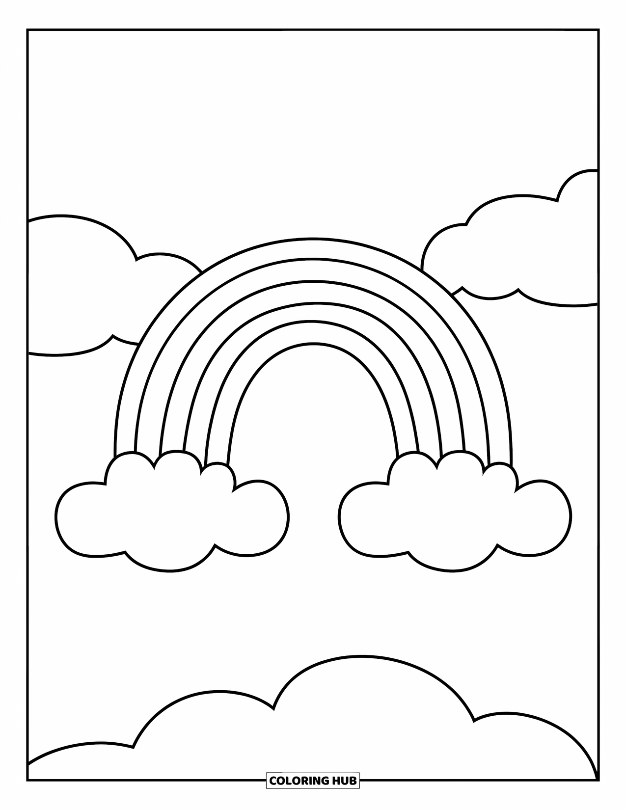 May Coloring Page for Kids: A rainbow with seven bands stretches between two clouds in the sky