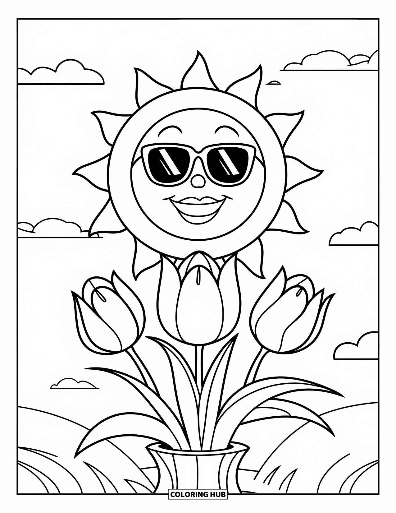 May Coloring Page for Kids: A smiling sun with sunglasses shines above three tulips in a vase