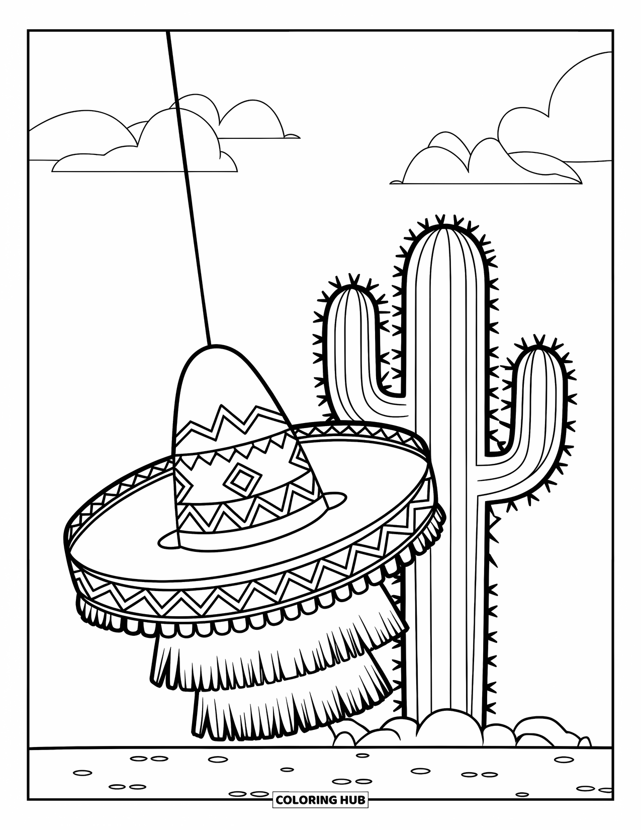 May Coloring Page for Kids: A sombrero-shaped piñata hangs beside a tall cactus under a spring sky