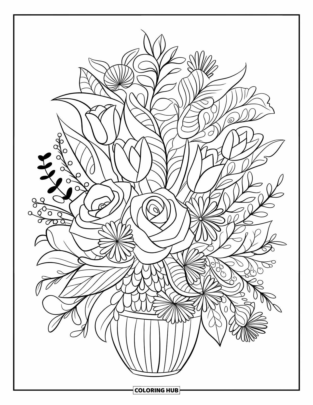 May Coloring Page for Kids: A vase of May flowers including tulips, roses, and daisies sits beautifully arranged