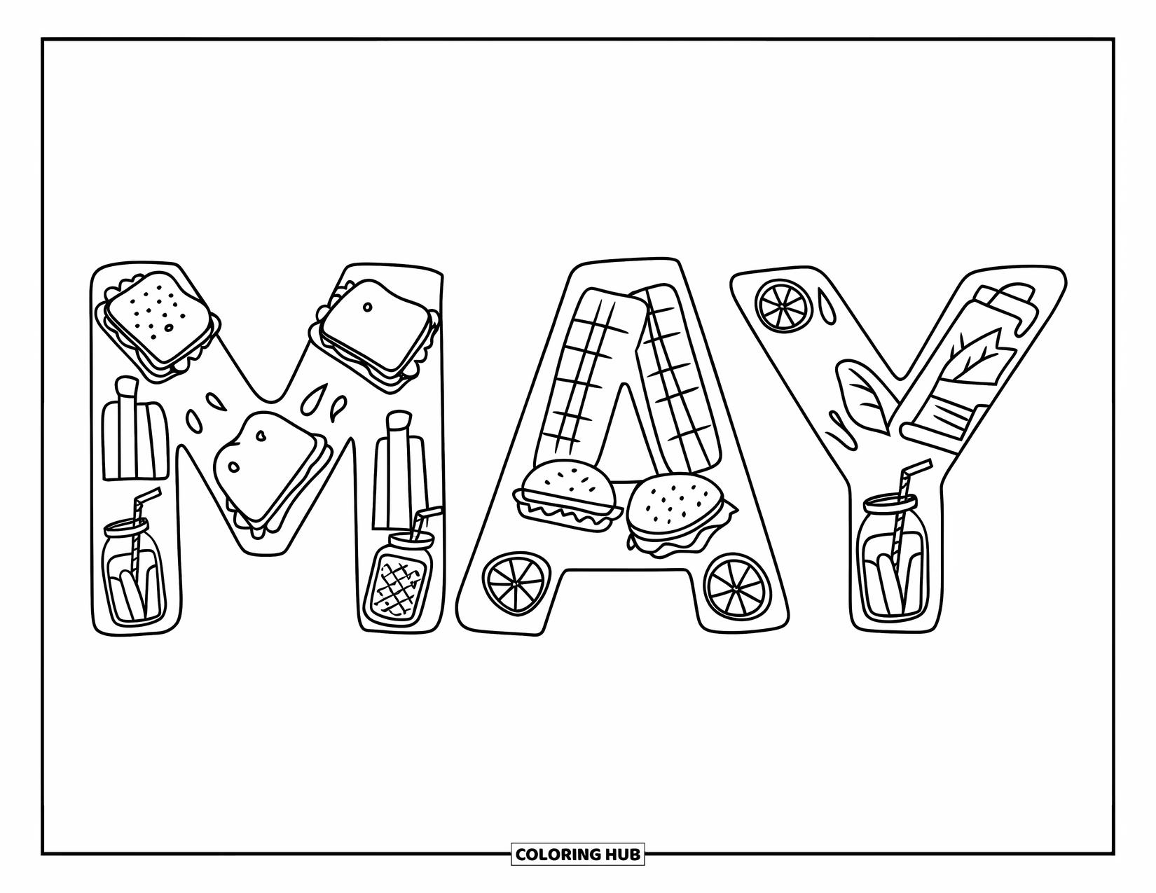 May Coloring Page for Kids: Chunky MAY letters are decorated with sandwiches, lemonade, and picnic blankets