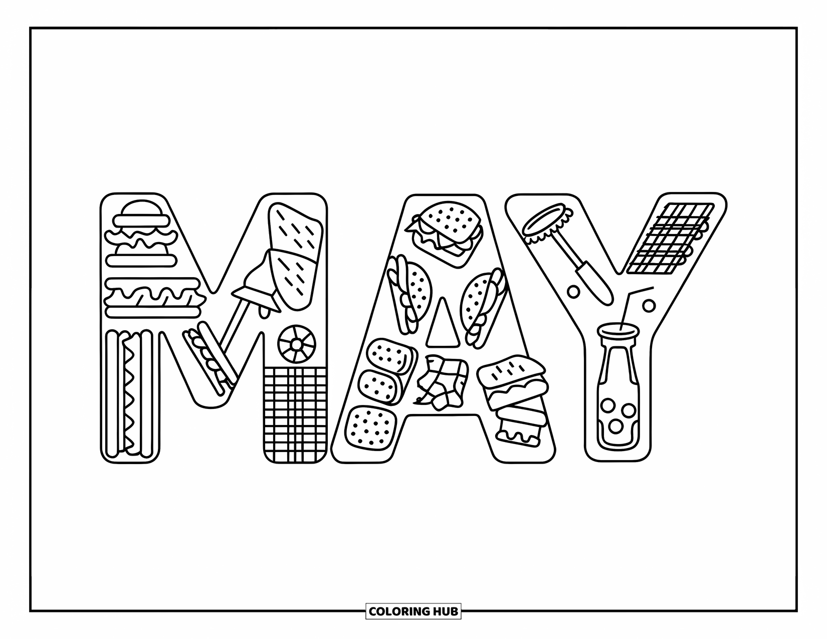 May Coloring Page for Kids: MAY letters are filled with cheerful picnic goodies and lemonade jars