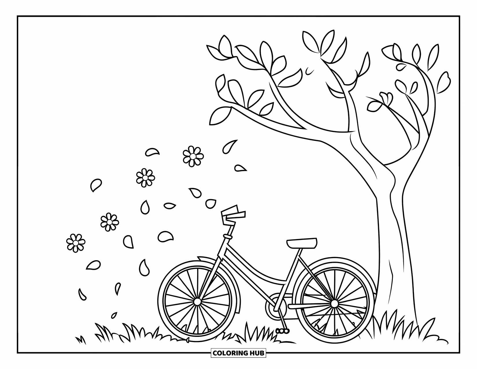May Coloring Page for Kids: Petals fall onto a bicycle resting under a leafy spring tree