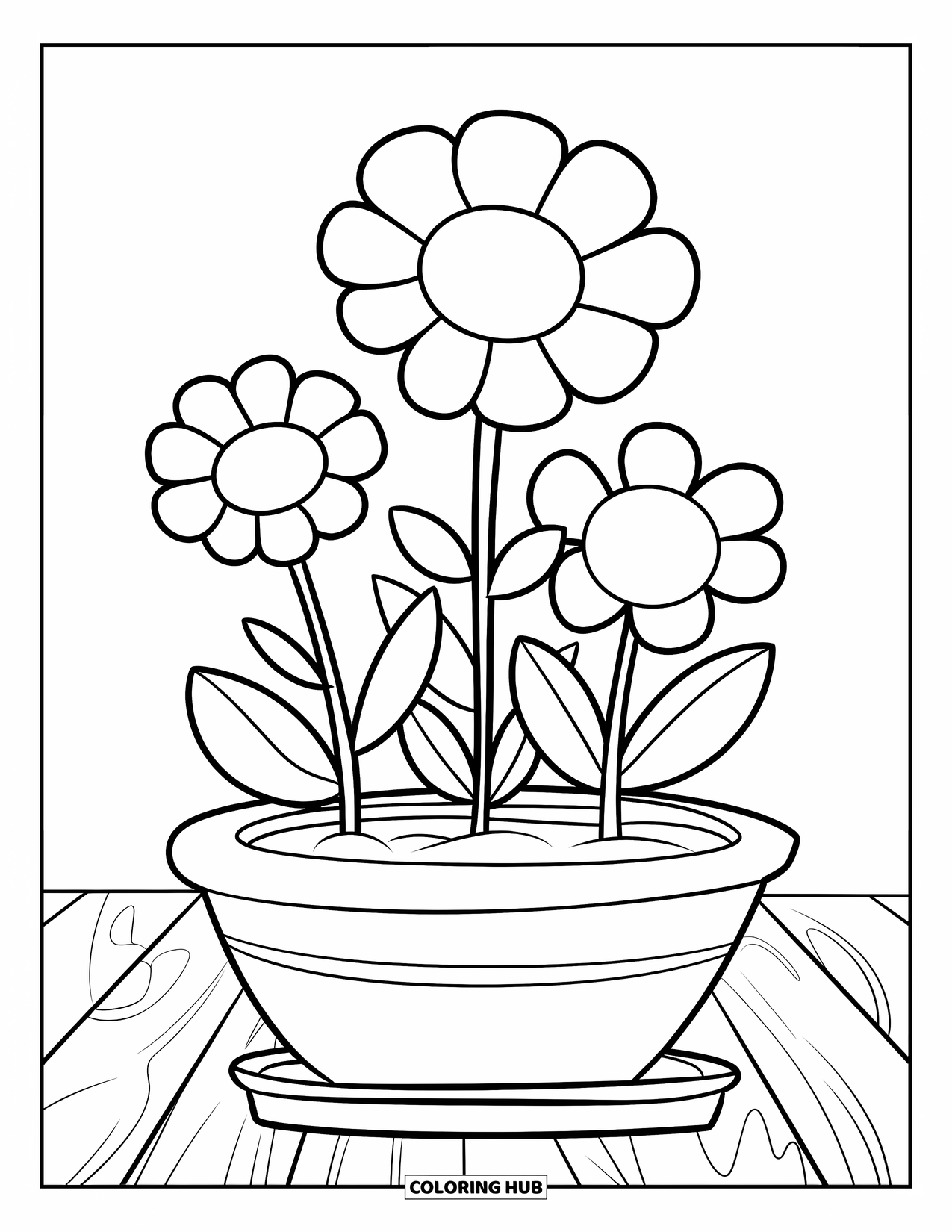 May Coloring Page for Kids: Three large flowers bloom in a pot on a wooden stand