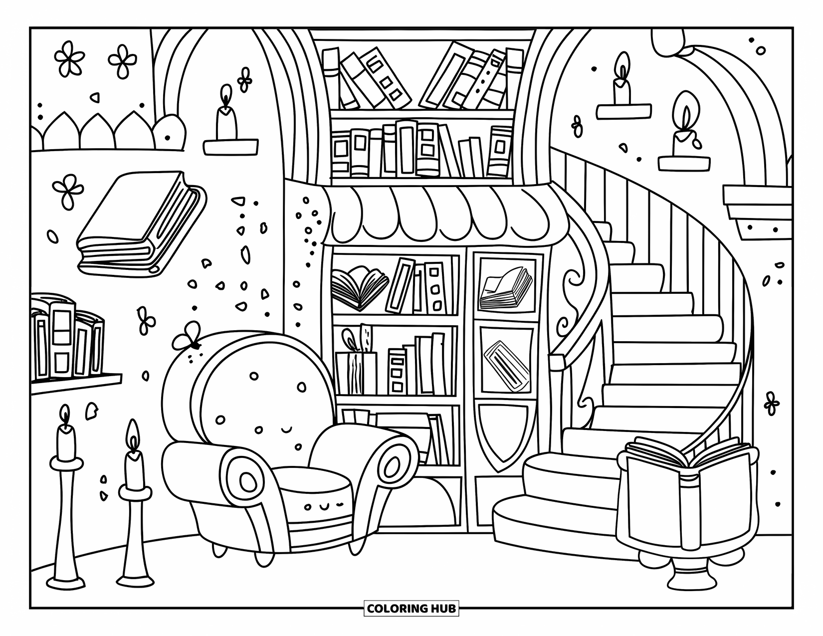 Medieval Coloring Page for Adults: A cozy castle bookshop with floating books, shield chair, and a happy book display