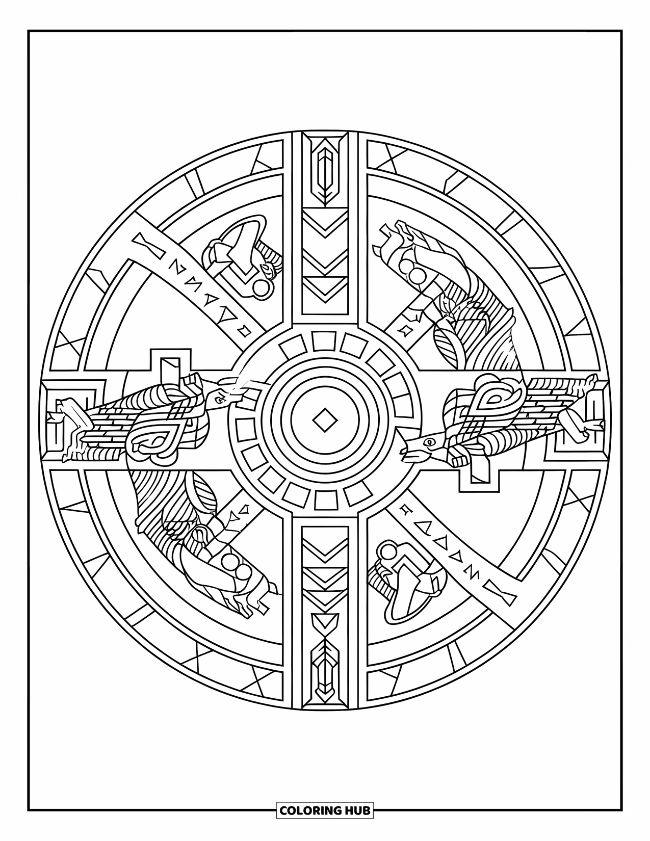 Medieval Coloring Page for Adults: A decorated shield featuring geometric patterns, ancient runes, and entwined creatures