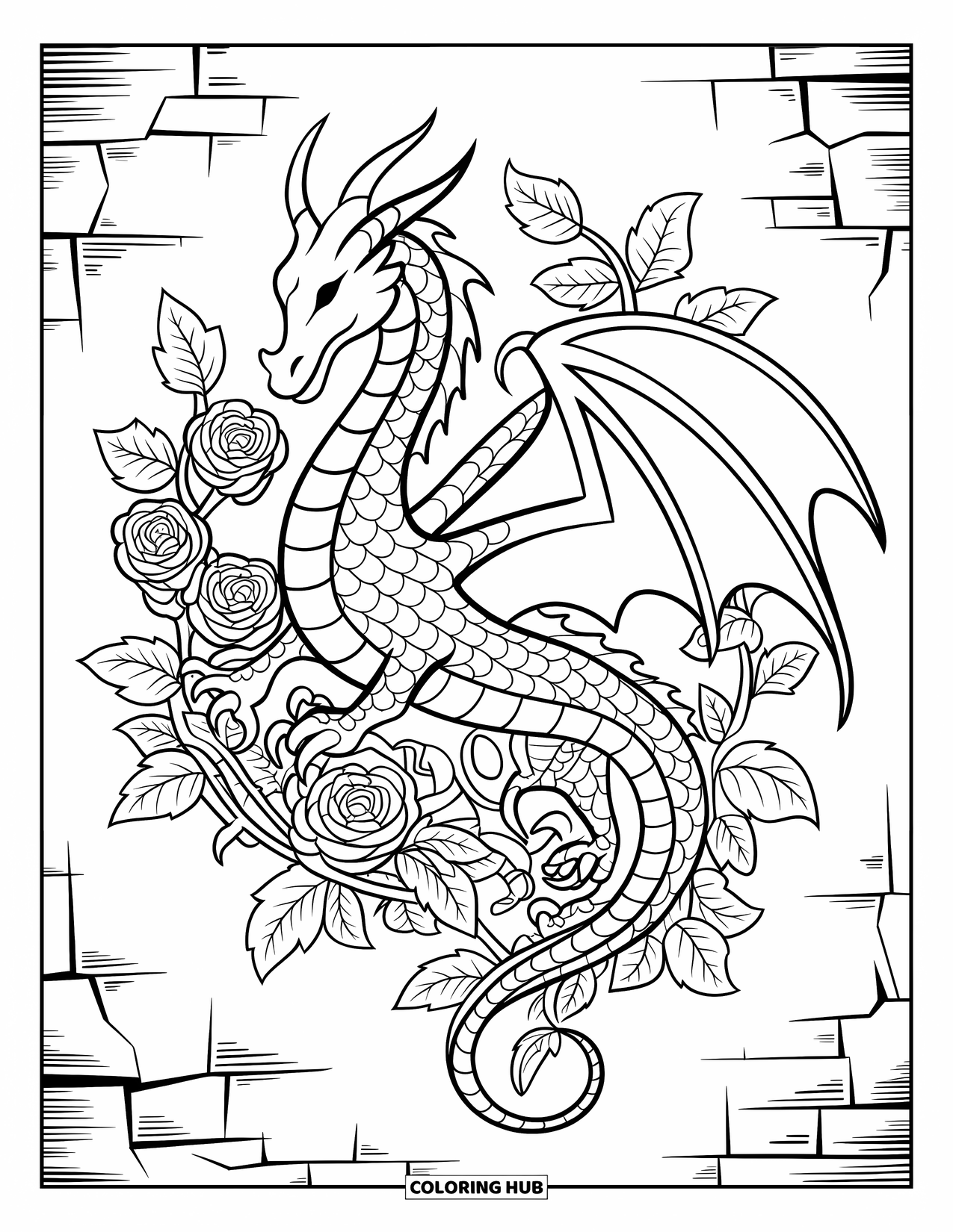 Medieval Coloring Page for Adults: A dragon with raised head, wrapped in roses and ivy against a cracked wall