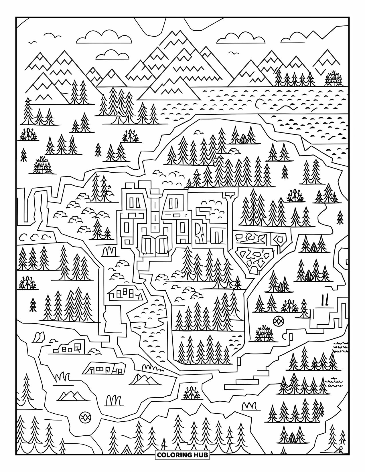 Medieval Coloring Page for Adults: A fantasy-style map with towns, forests, treasure, and scenic landforms like rivers and mountains
