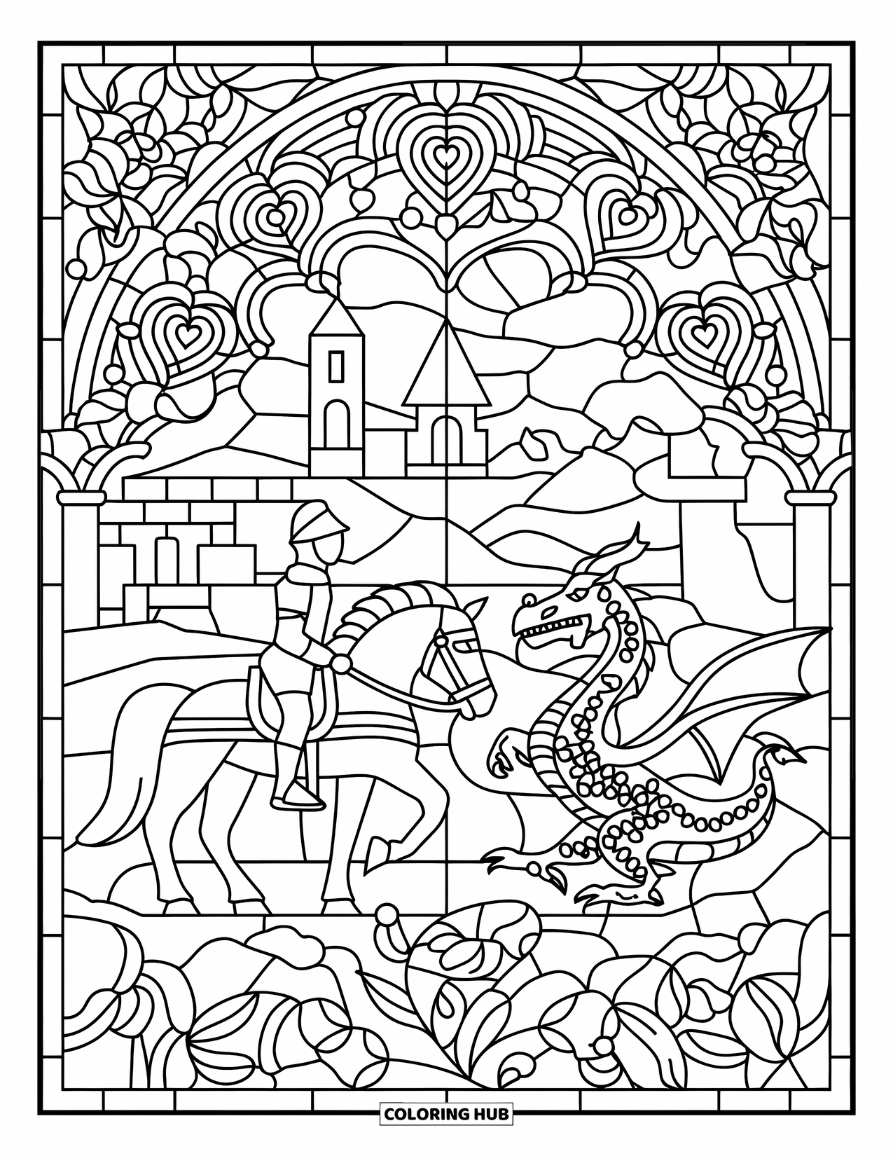 Medieval Coloring Page for Adults: A knight, dragon, and castle surrounded by hearts, leaves, and patterned stained glass