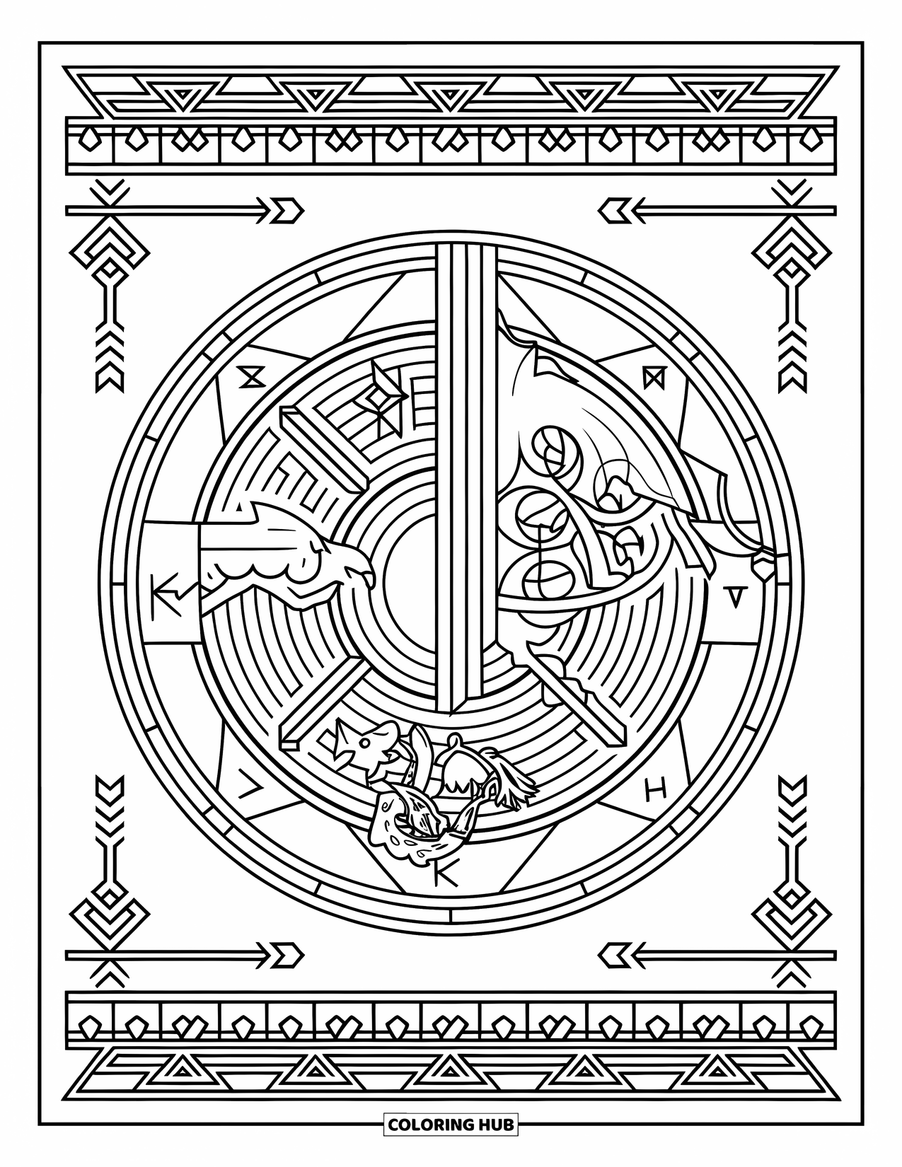 Medieval Coloring Page for Adults: A large circular shield covered in runes, animals, and geometric details