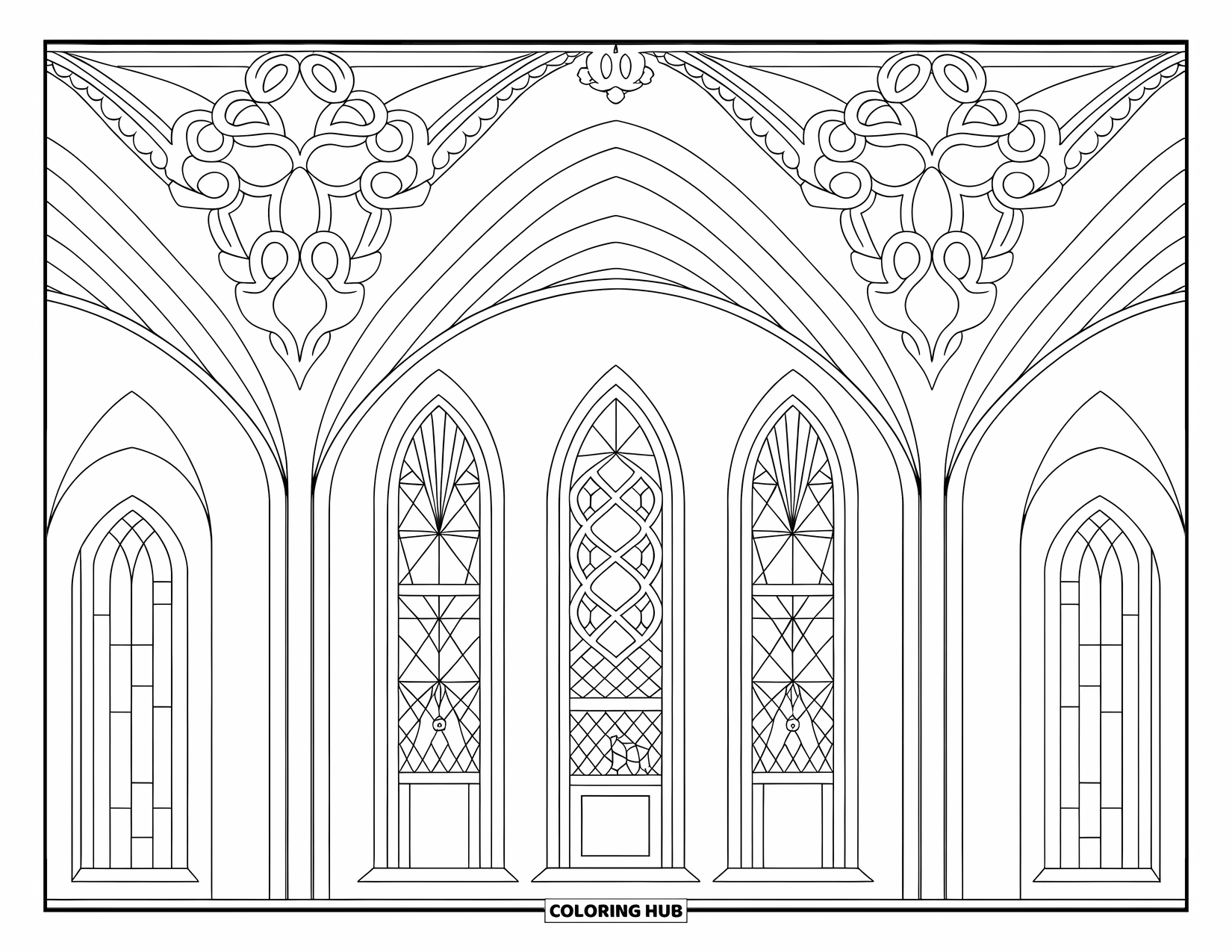 Medieval Coloring Page for Adults: A medieval cathedral interior with vaulted arches and stained-glass window frames
