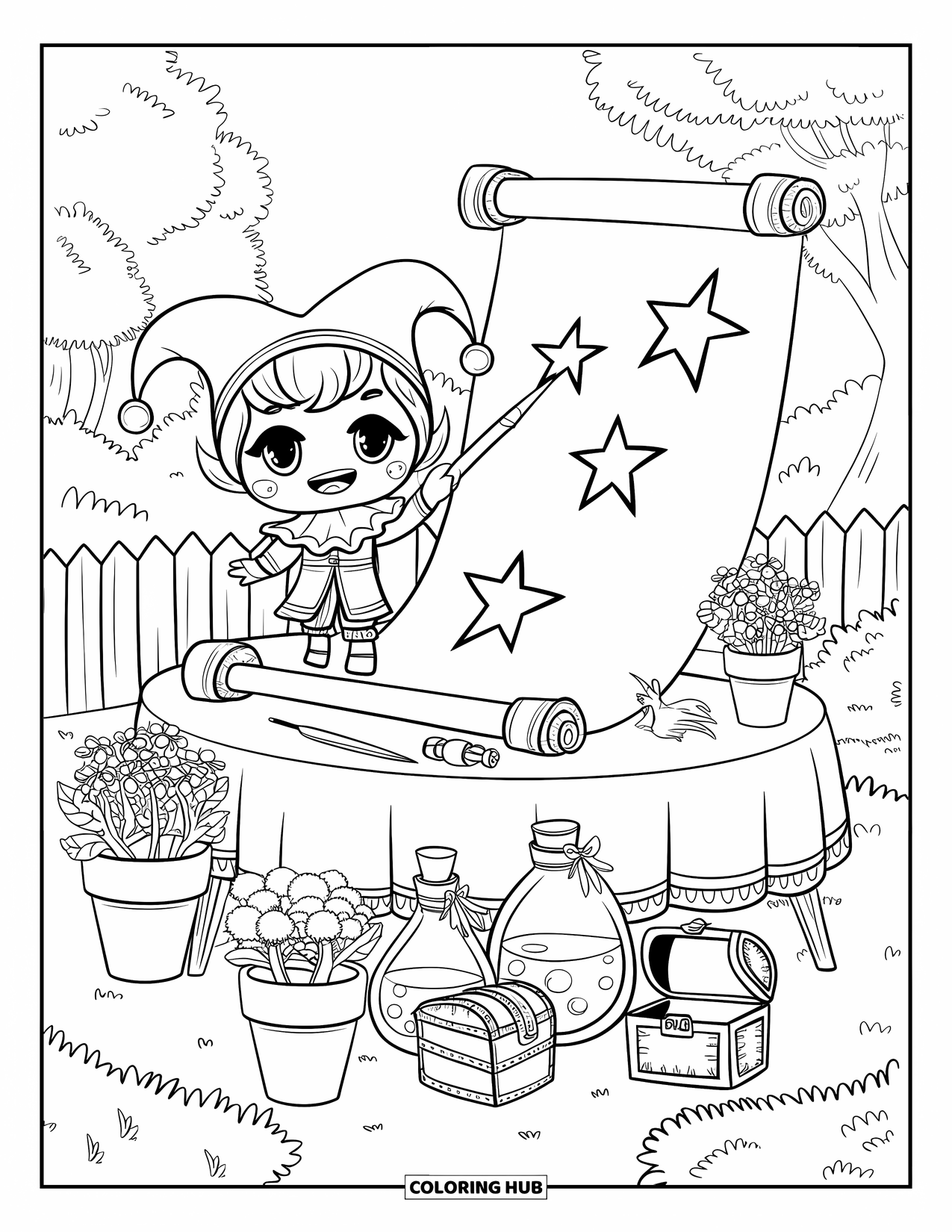 Medieval Coloring Page for Adults: A playful jester paints stars outside on a scroll near flowers and ribboned potion jars