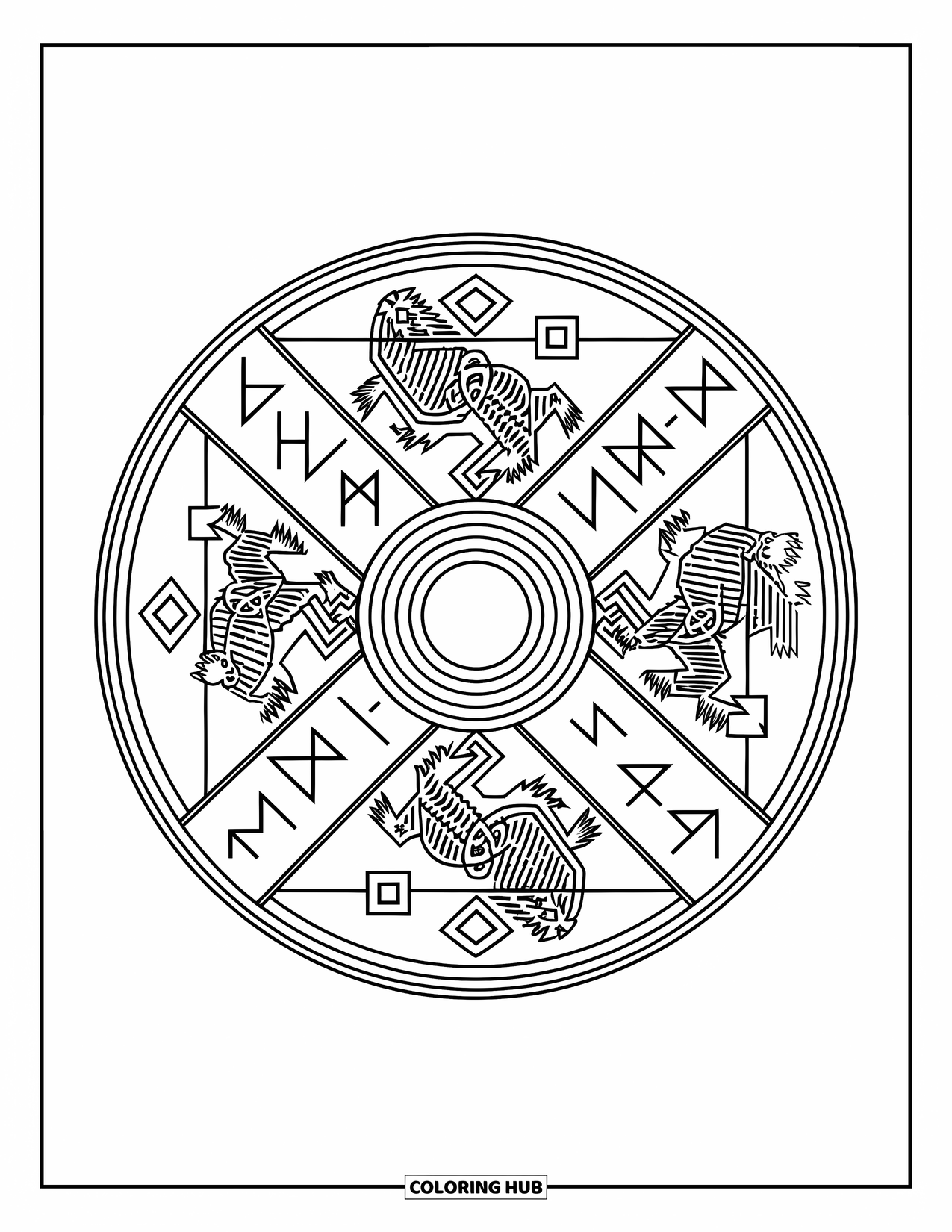 Medieval Coloring Page for Adults: A round shield with runes, geometric designs, and intertwined animals in a Norse-inspired style