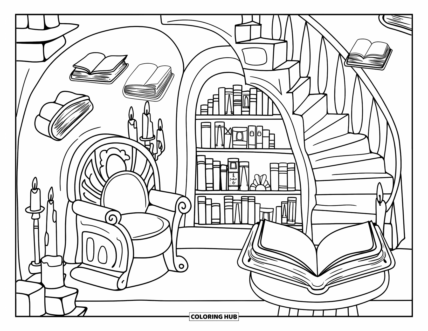 Medieval Coloring Page for Adults: An enchanted bookshop with floating books, a spiral stair, and a smiling open book