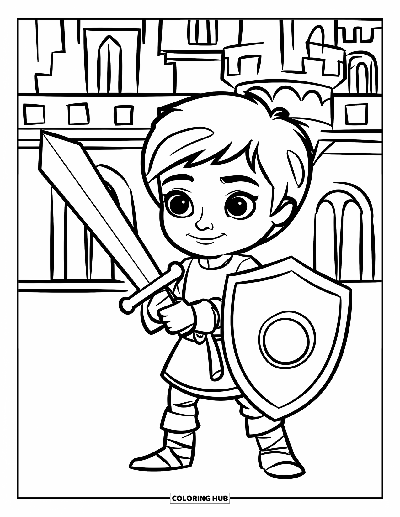 Medieval Coloring Page for Kids: A boy in a tunic stands with sword and shield in front of a castle with windows