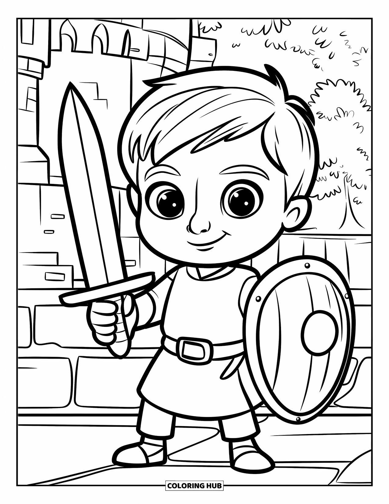 Medieval Coloring Page for Kids: A boy with a wooden sword and shield stands near trees and a castle