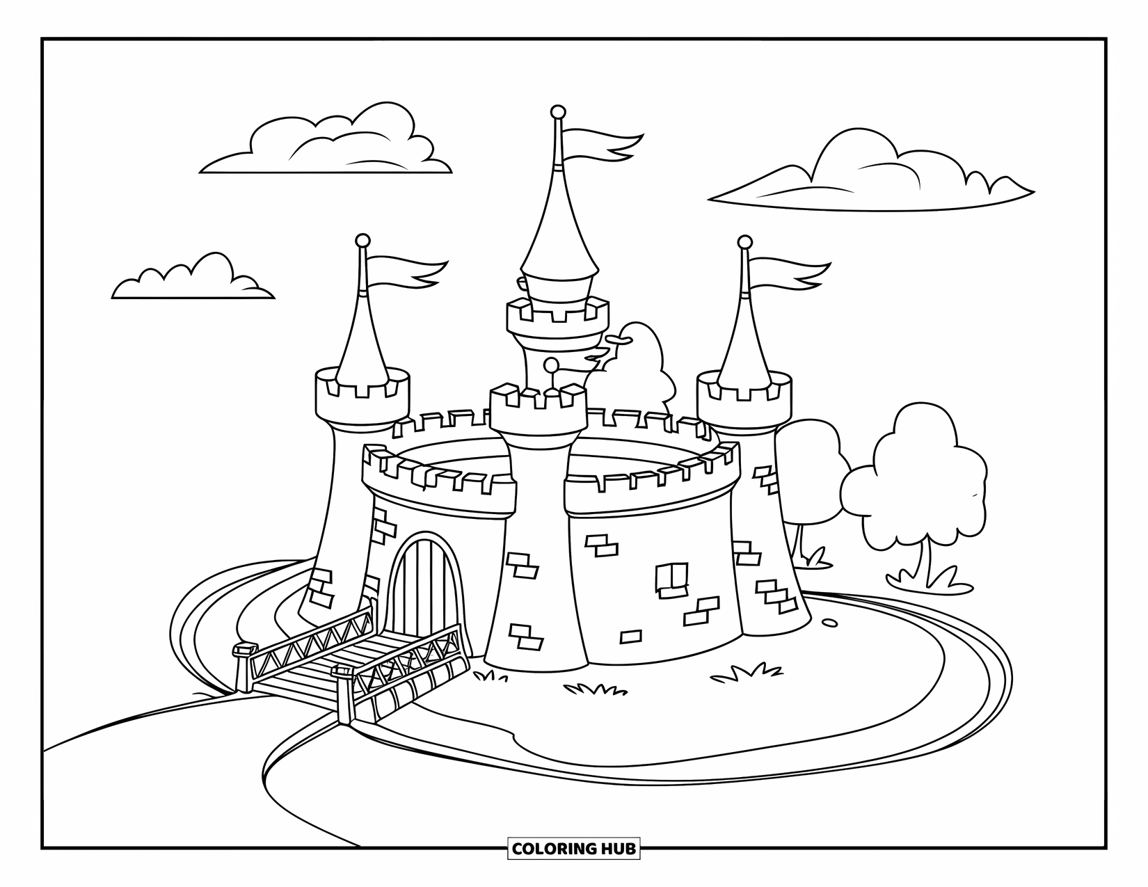 Medieval Coloring Page for Kids: A castle with flags and moat sits under a sky filled with fluffy clouds