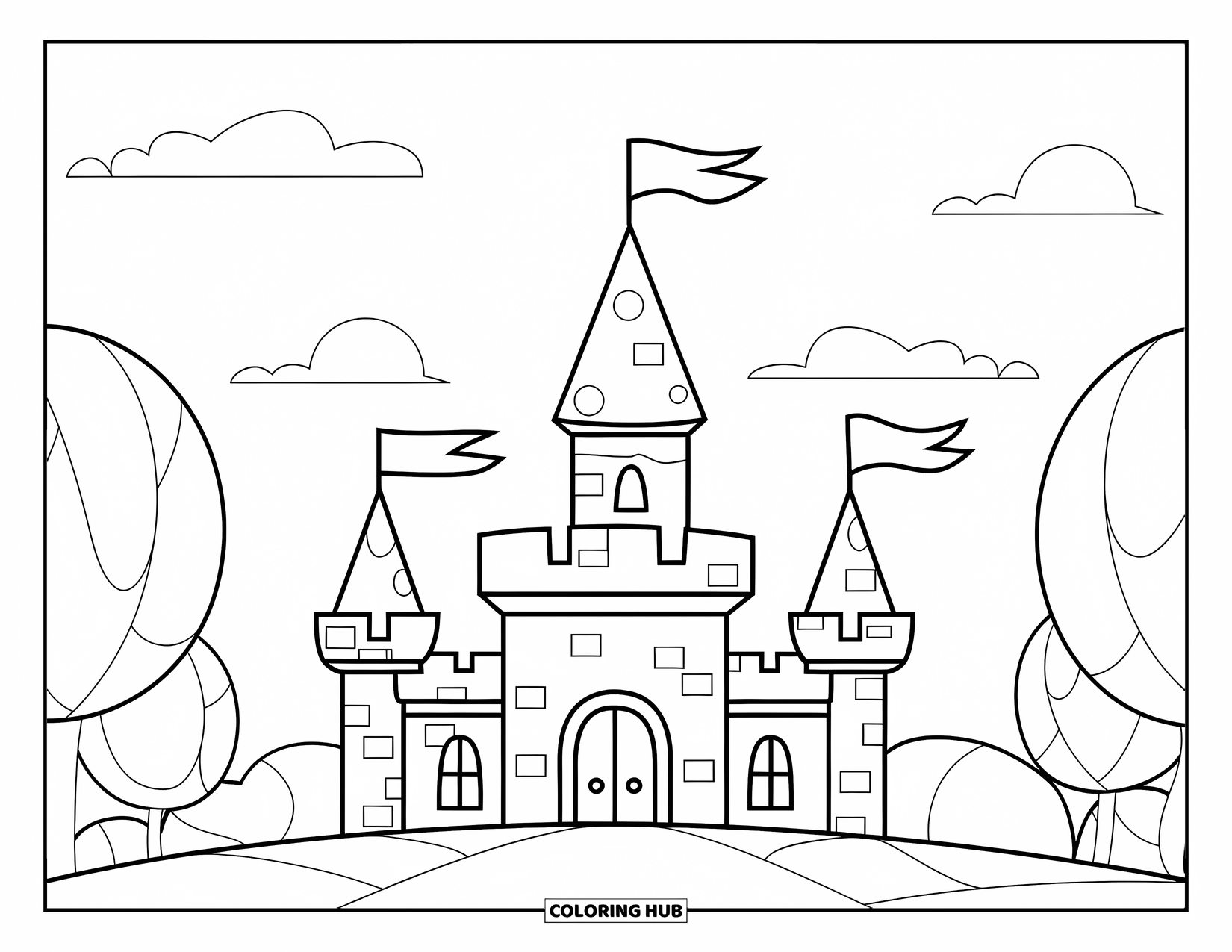 Medieval Coloring Page for Kids: A cheerful castle with flags, trees, and a moat rests beneath a sky with clouds