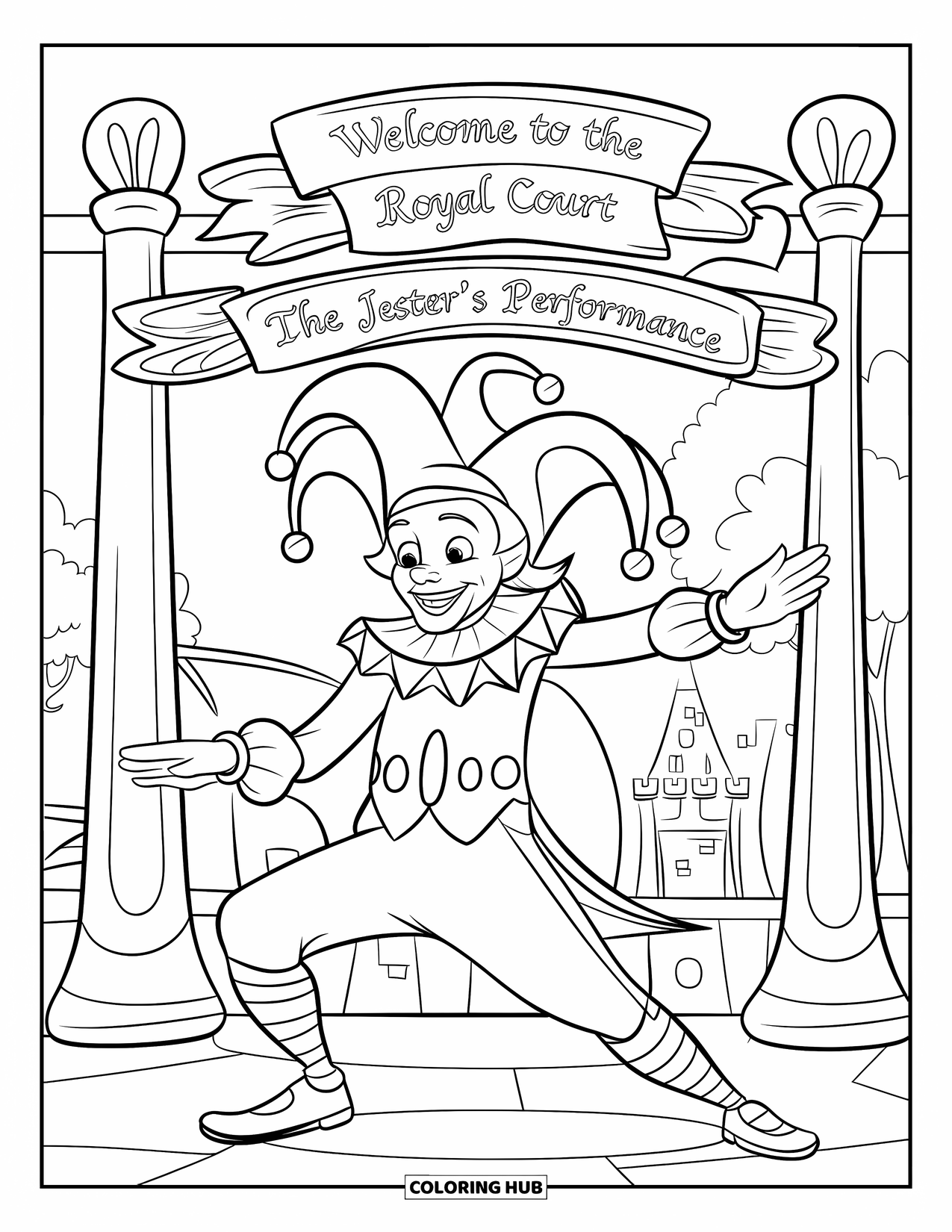 Medieval Coloring Page for Kids: A cheerful jester entertains with banners and trees behind a grand castle court