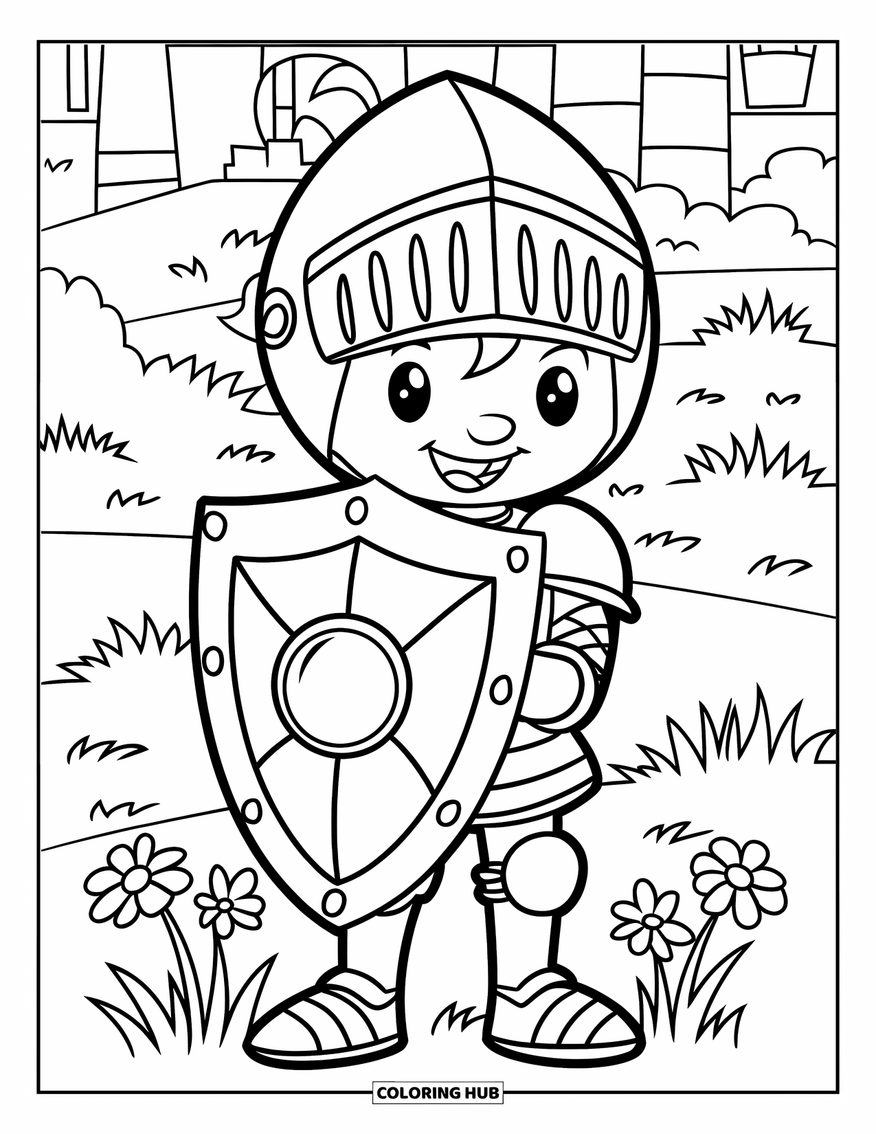 Medieval Coloring Page for Kids: A cheerful knight with flowers at his feet smiles beside a distant castle