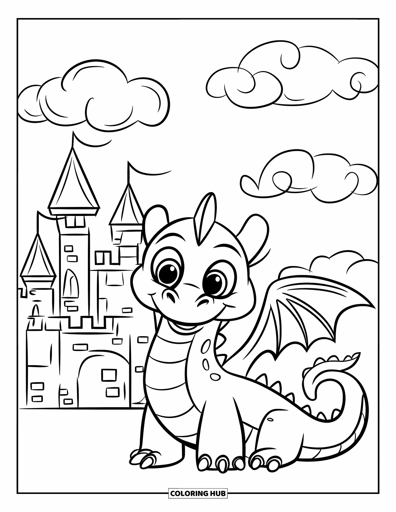 Medieval Coloring Page for Kids: A crowned dragon with big eyes rests near a castle under a sky with clouds