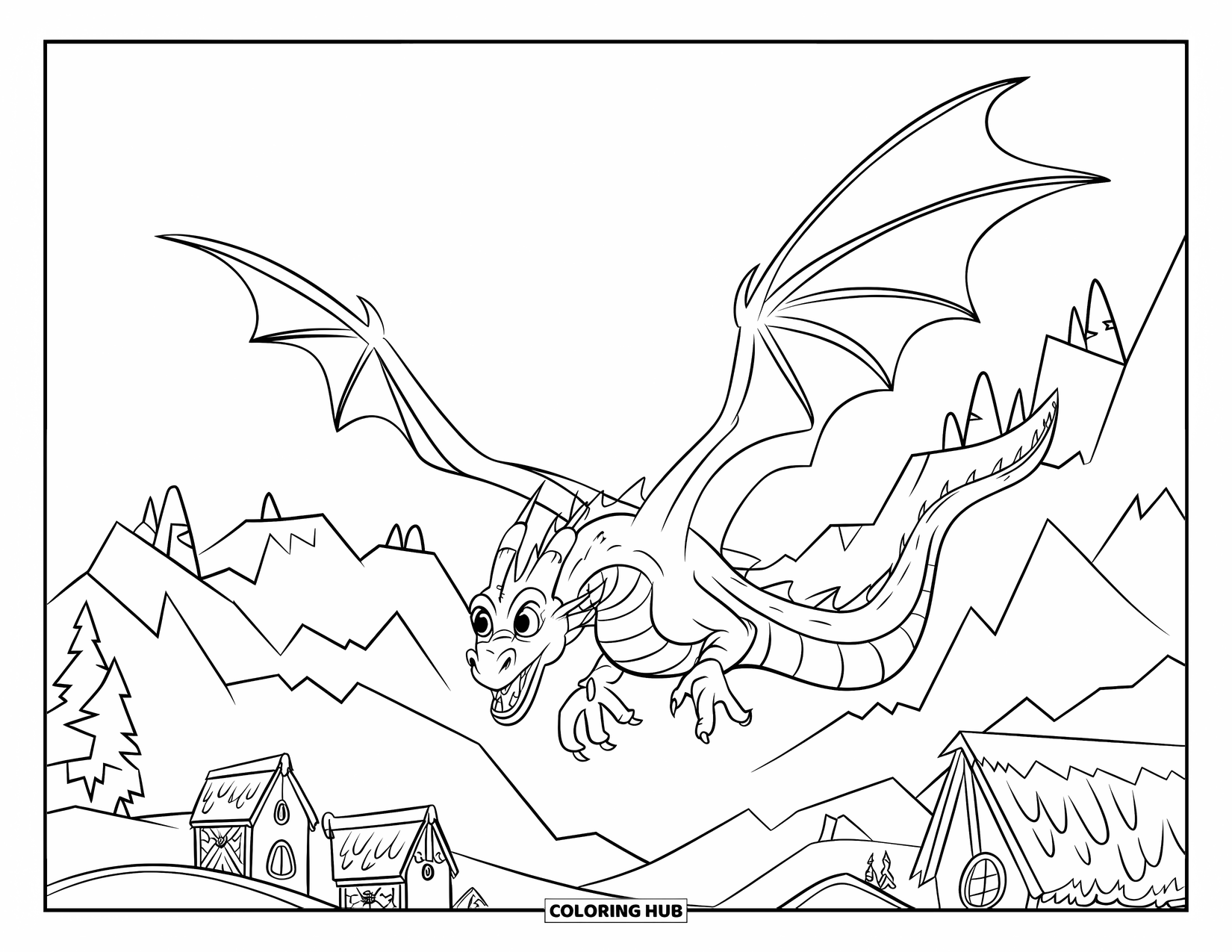 Medieval Coloring Page for Kids: A dragon soars over jagged mountains and a village with thatched roofs and trees below