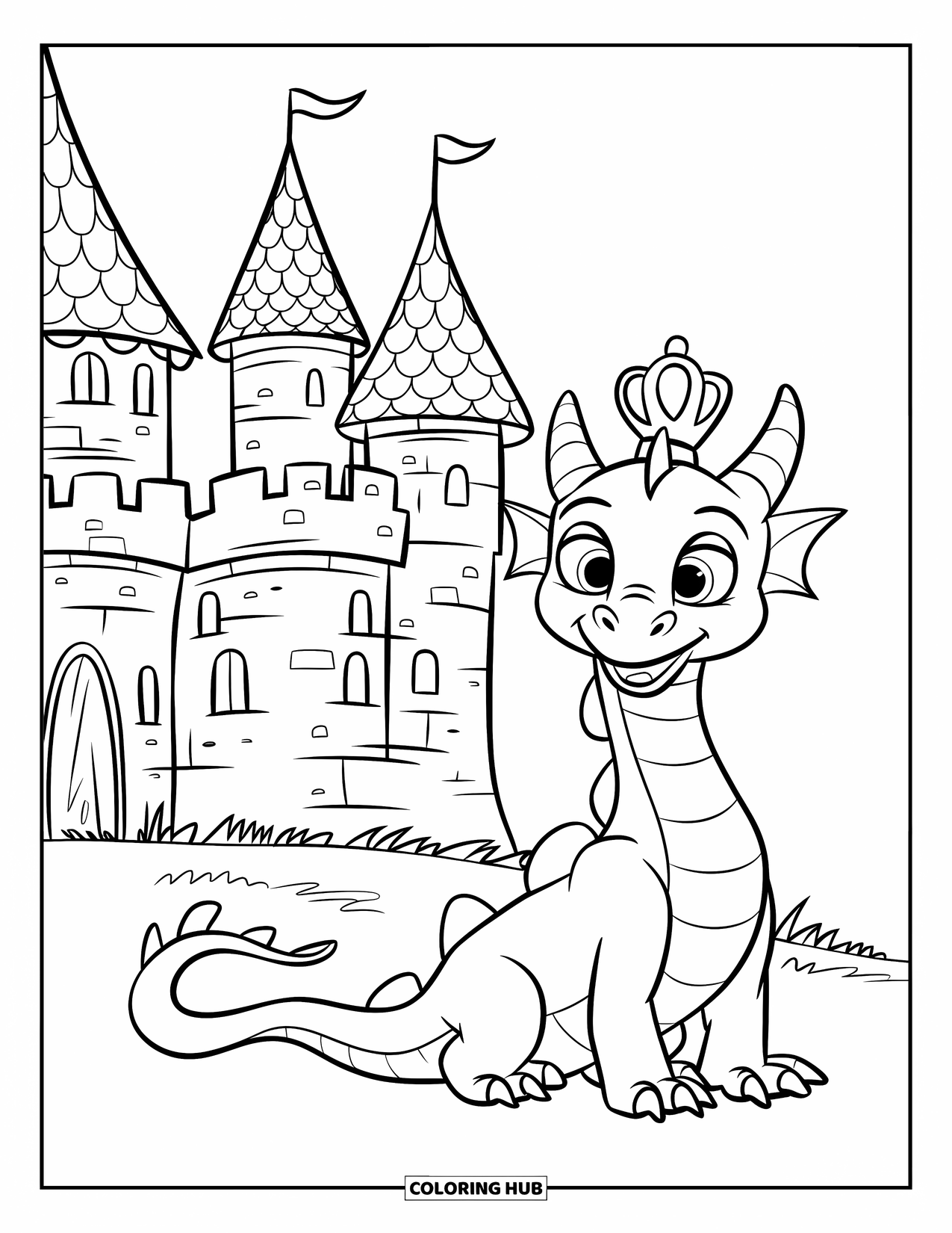 Medieval Coloring Page for Kids: A friendly dragon with big eyes and a crown sits beside a castle with round towers