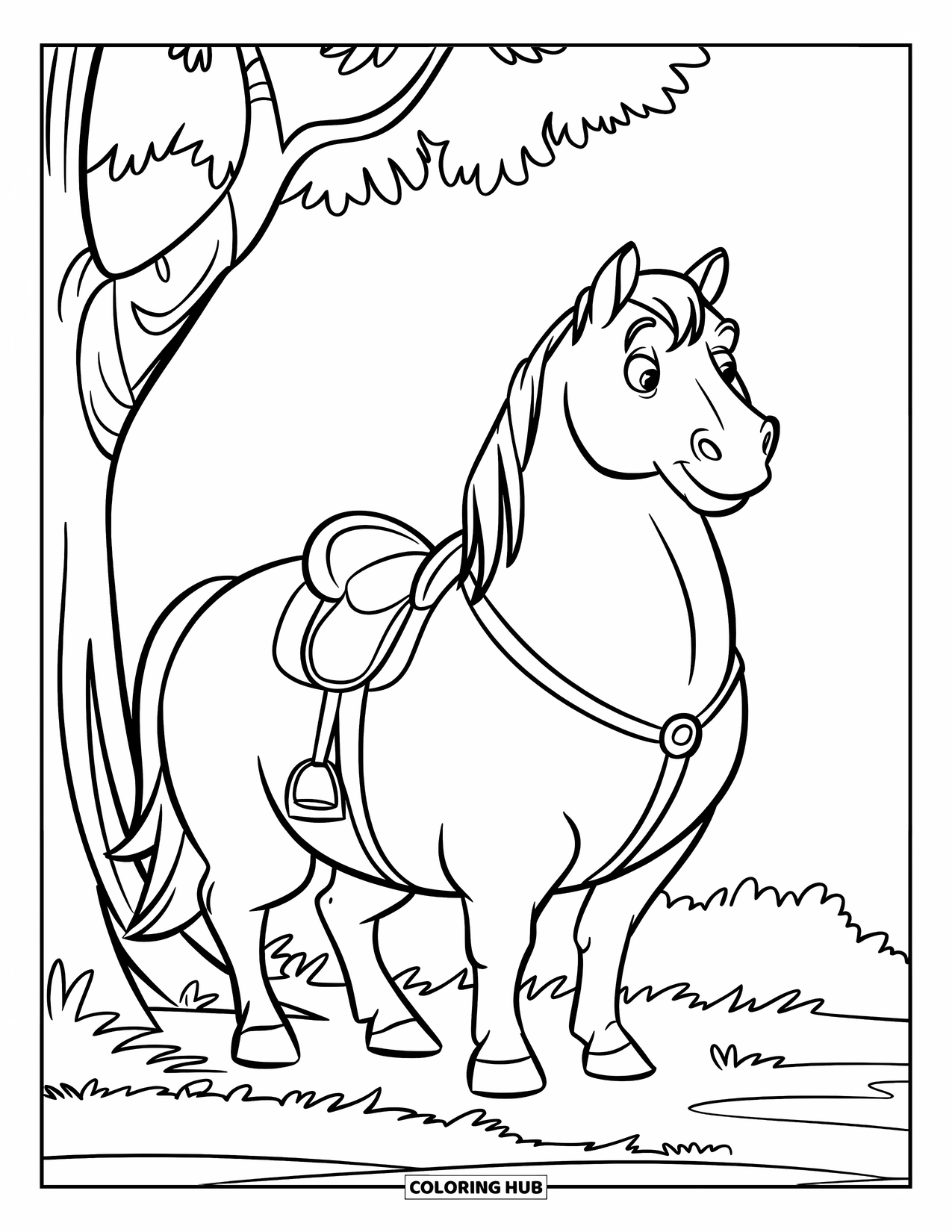 Medieval Coloring Page for Kids: A friendly horse with a thick neck and saddle stands beside a grassy tree