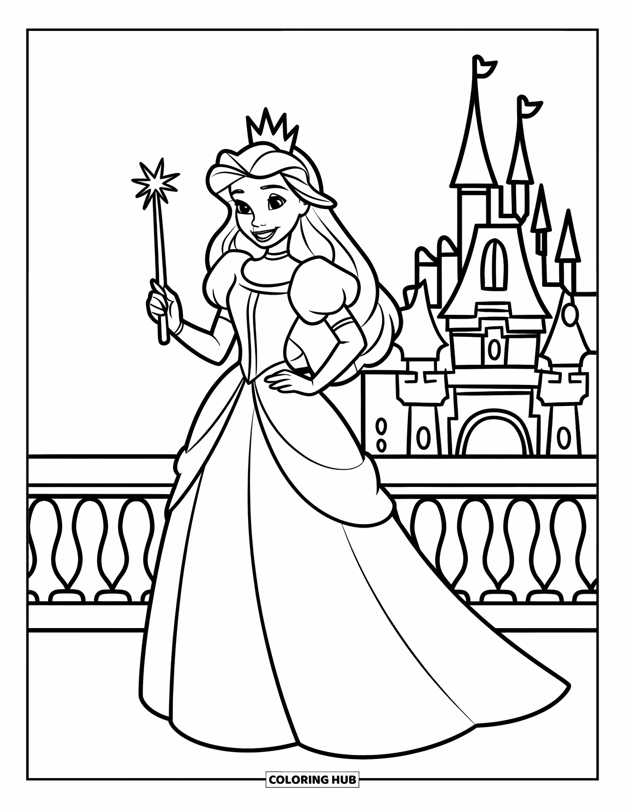 Medieval Coloring Page for Kids: A friendly queen with a wand stands on a platform with a castle behind her